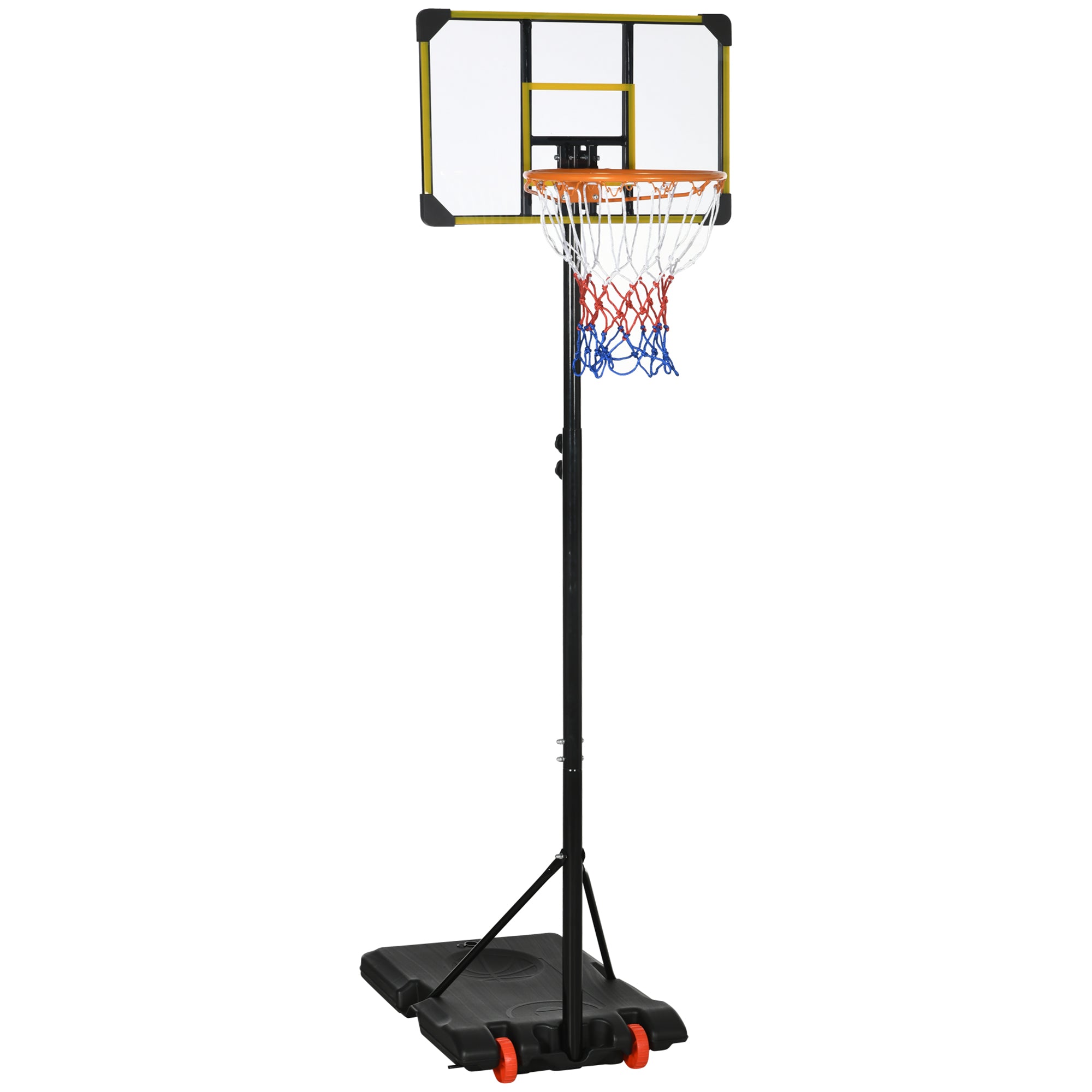 SPORTNOW Reguliuojamo Aukščio Krepšinio Būgnas 178-208 cm su Ratais Krepšinio Būgnas Vaikams 6+ Metų Su Užpildoma Pagrindu Lauko 75x56x210-240 cm Geltona ir Juoda