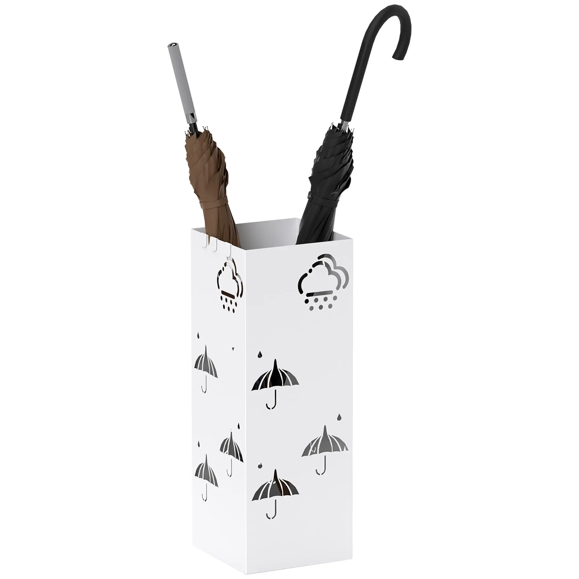 Steel Umbrella Stand with 4 Hooks and Removable Drip Tray White Umbrella Holder for Entryway Office 15.5x15.5x41 cm