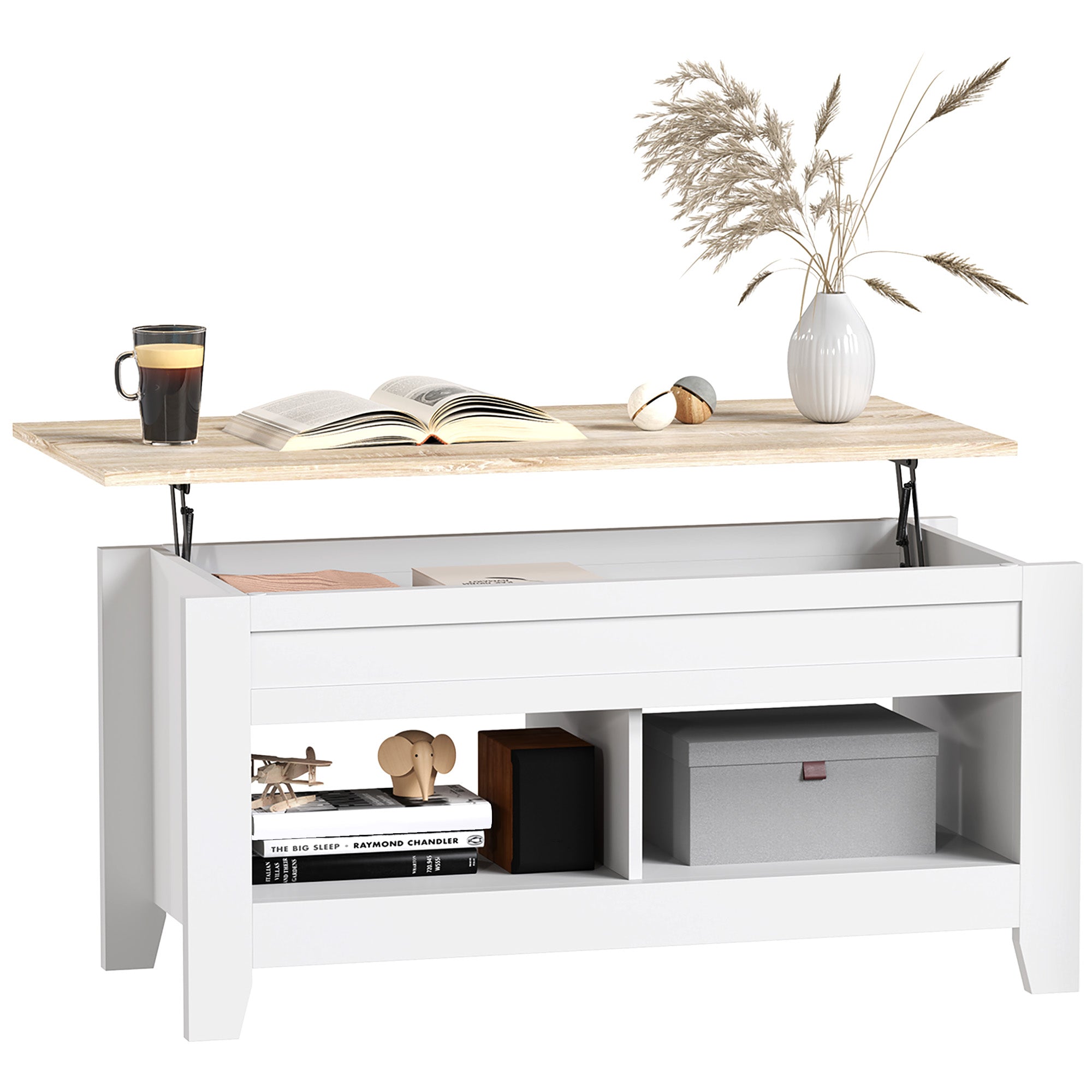 HOMCOM Lift-Top Sofabord med Løftbar Bordplade, 2 Åbne Rum og Skjult Opbevaringsplads 105x50x49 cm Hvid og Natur