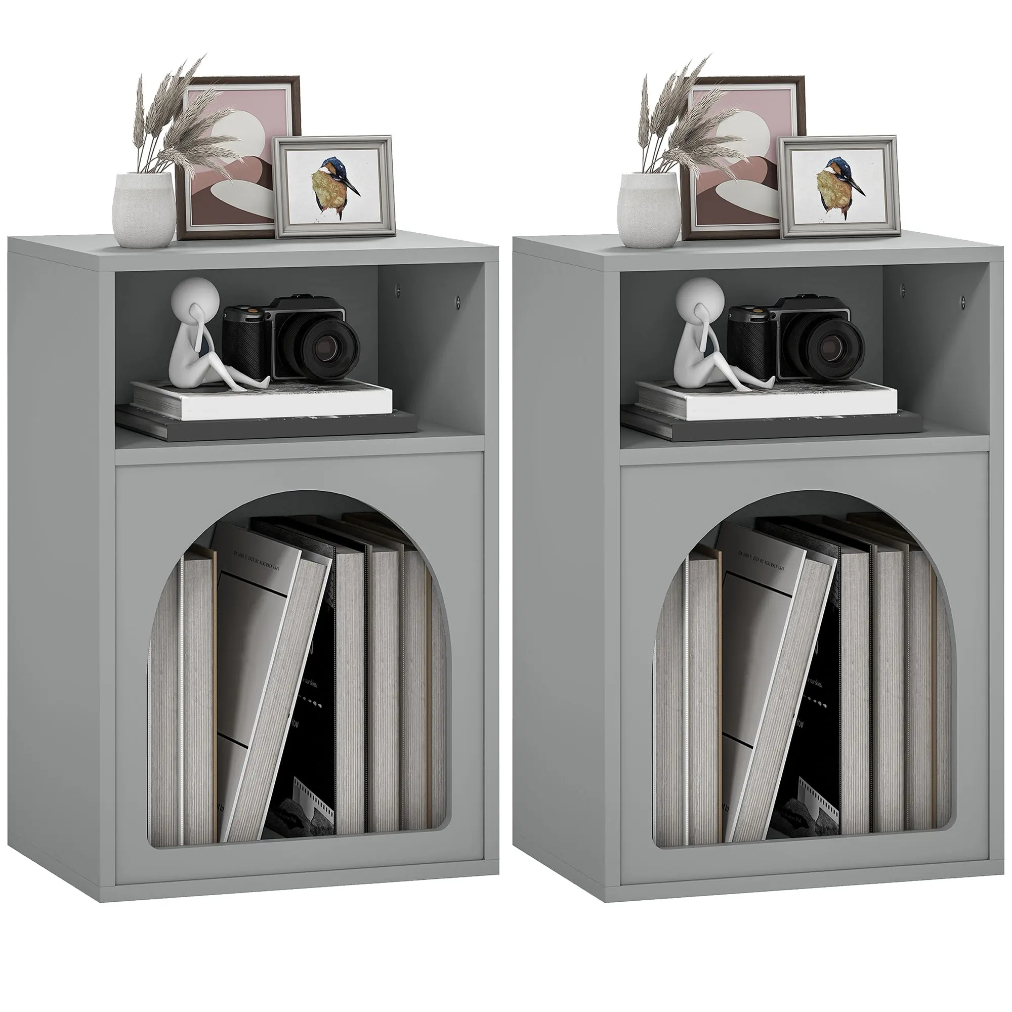 Set of 2 Arched Nightstands with Open Shelves, 40 x 30 x 60 cm (15.7 x 11.8 x 23.6 in), Gray