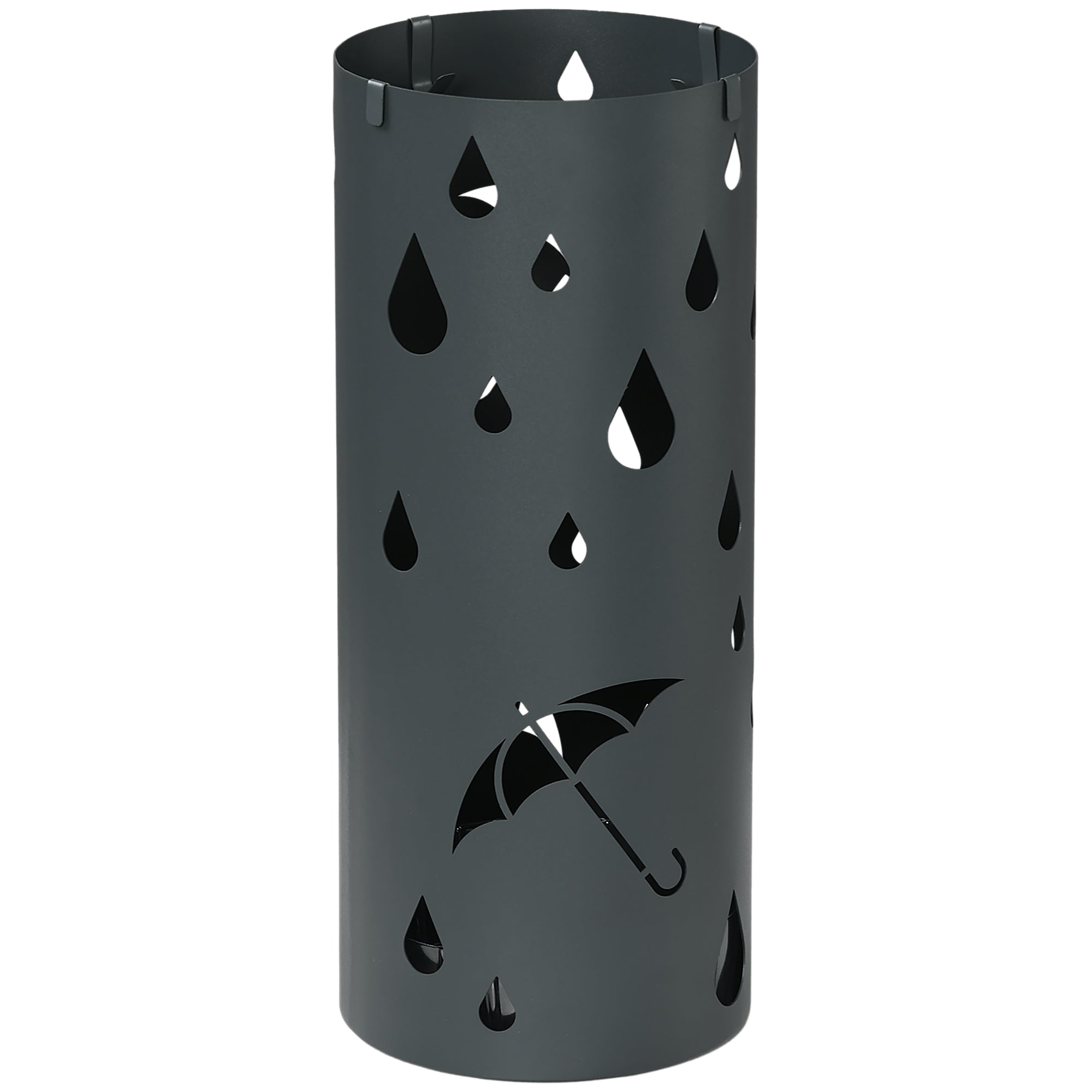 HOMCOM Regenschirmständer mit 4 Haken und abnehmbarem Tropfblech - Regenschirmhalter für Gehstöcke & Regenschirme, Stahl Ø17 x 41 cm Dunkelgrau