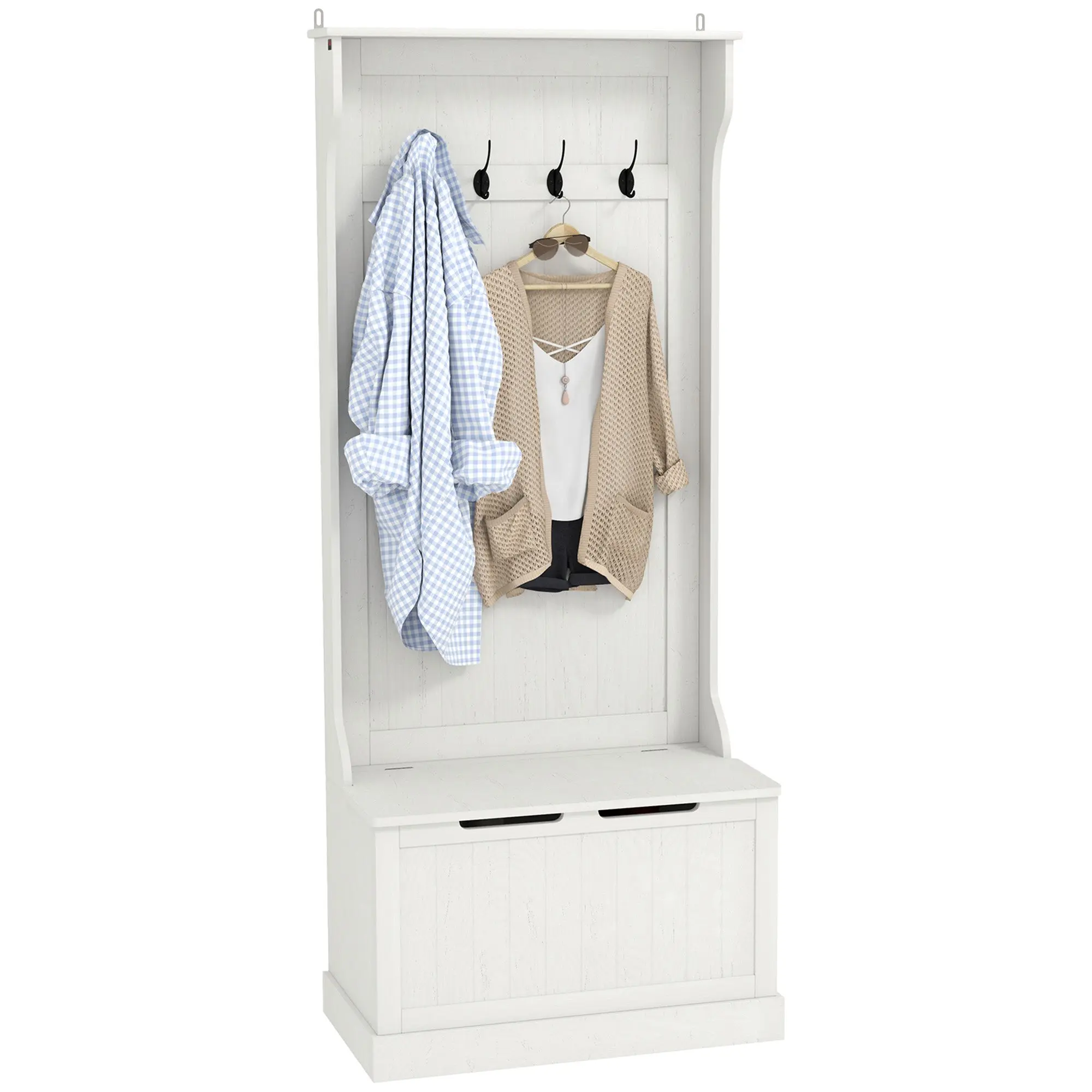 Coat Rack & Shoe Bench with Storage — Entryway Hall Tree with 4 Double Hooks, Modern White, 71.5×39.5×170 cm (28.1×15.6×66.9 in)
