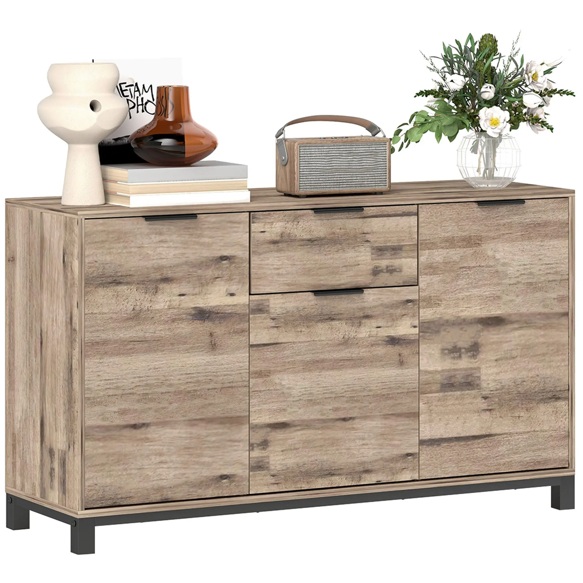 Living Room Cabinet, Sideboard with Drawer and 3 Cabinets with Adjustable Shelves, Cupboard with Industrial Style Steel Legs for Dining Room and Kitchen, 120x36.5x70 cm, Brown