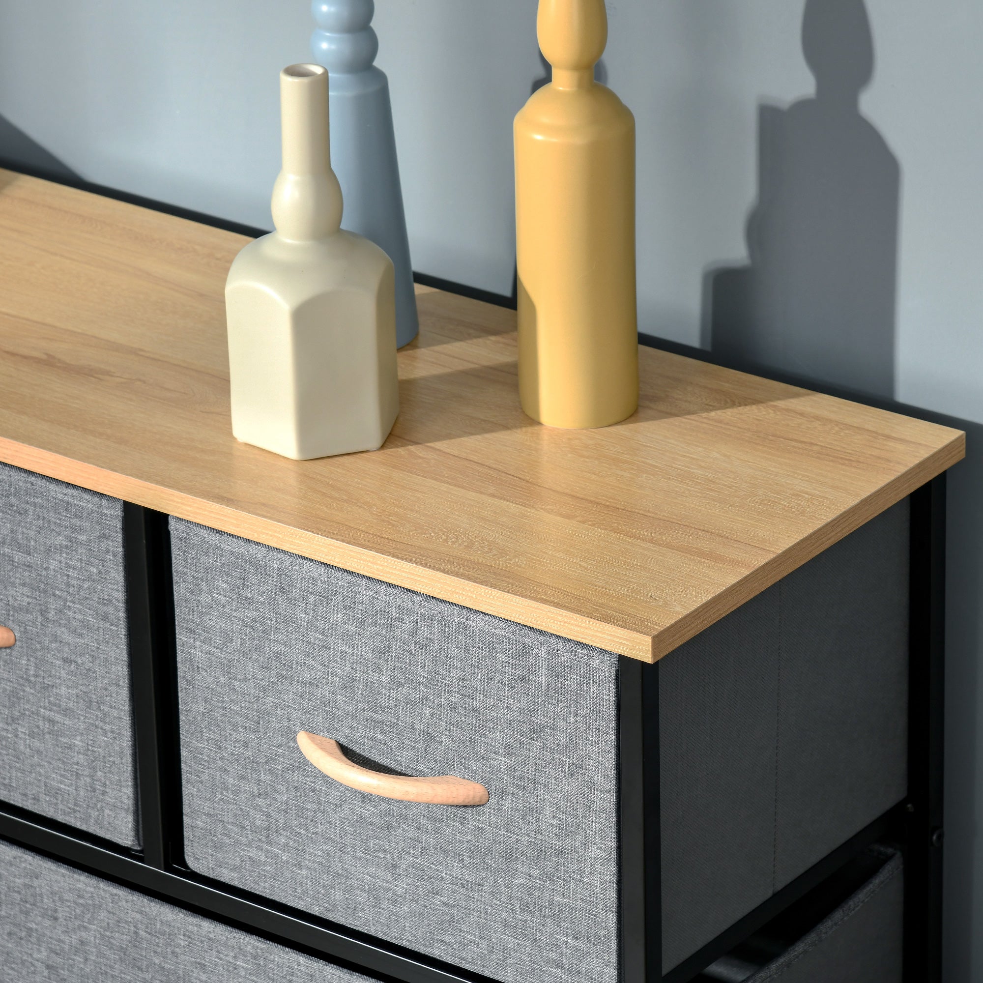 HOMCOM 9-zásuvkový úložný kabinet s látkovými zásuvkami - čierny oceľový rám - 100 x 30 x 100 cm, spálňa, predsieň, obývacia izba, dub a šedá