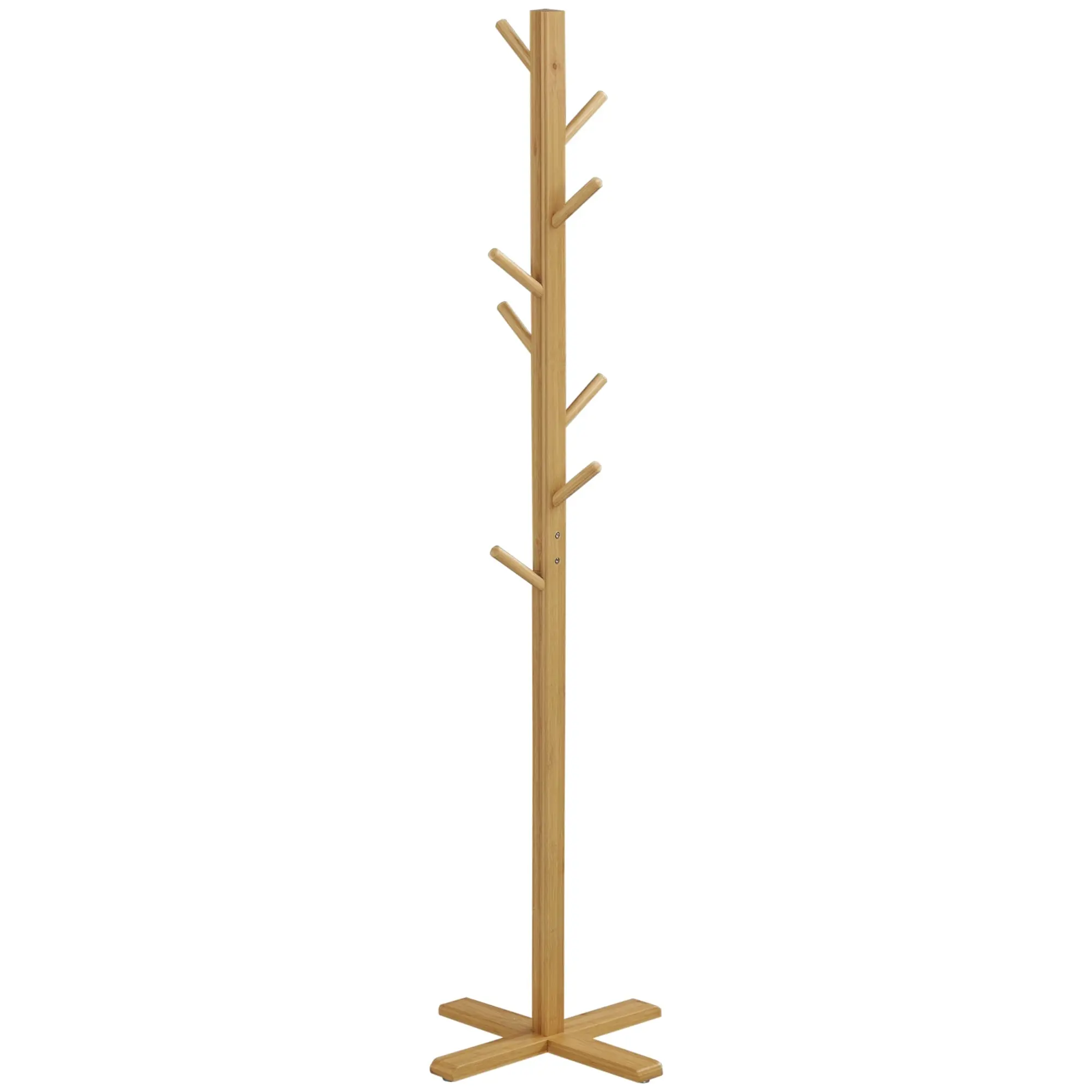 Coat Rack Stand with 8 Hooks, Bamboo Coat Stand for Bedroom, Exhibitions, Laundry Room, Natural Wood