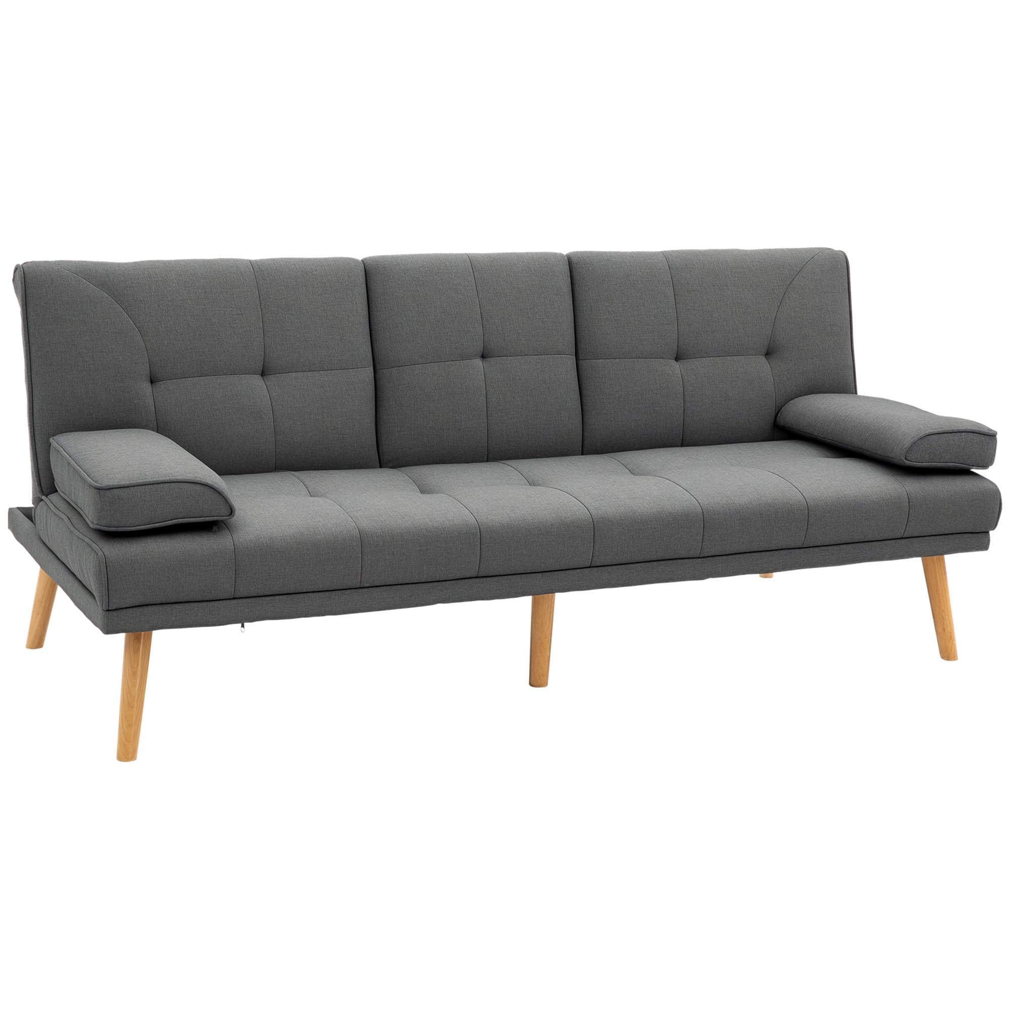 HOMCOM Bäddsoffa, 3-sits Soffa med Fällbord, Koppställ, Bäddsoffa med Linneutseende, i Skandinavisk Design, Upp till 250 kg Lastkapacitet, för Vardagsrum, Mörkgrå