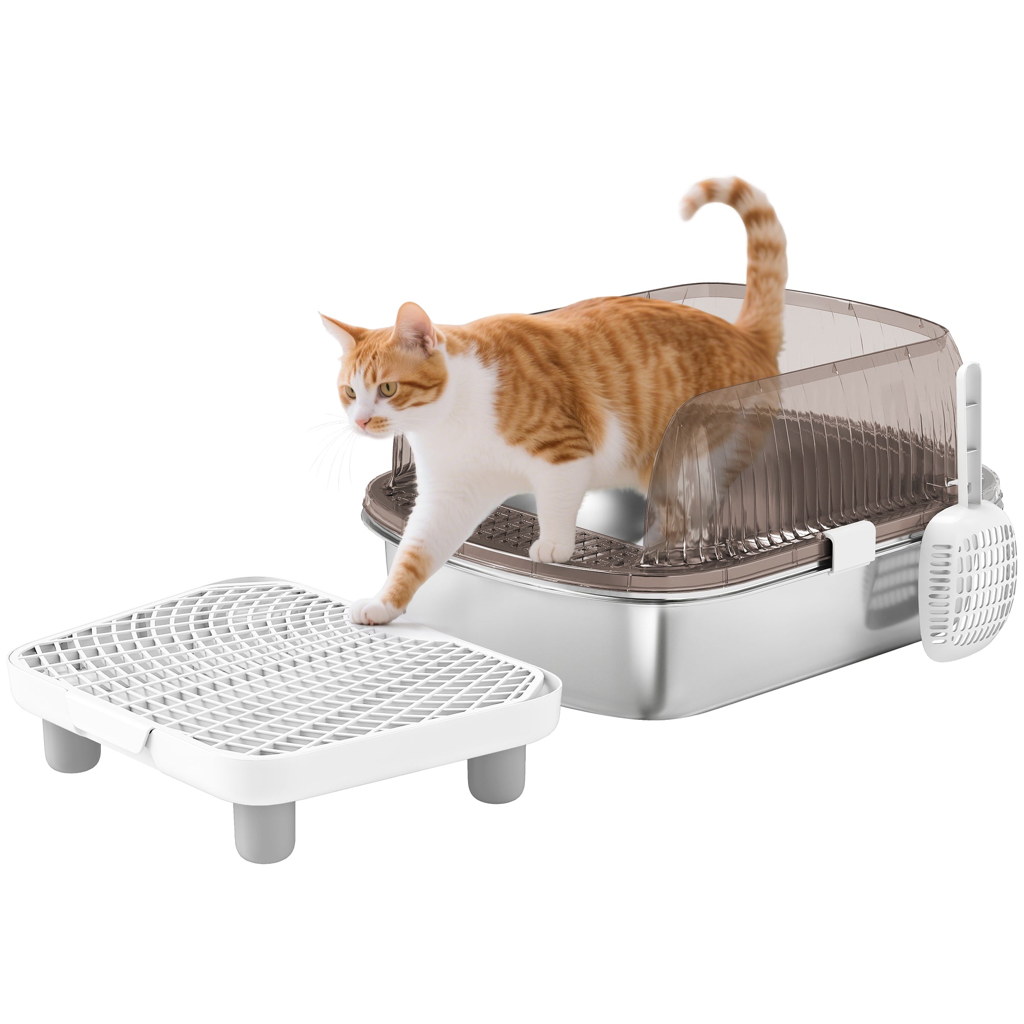 PawHut Extra Grouss Couverte Kater Këschte geschlosse mat Edelstahlplack Héich Wänn Schaufel Tret Sand Fällgebitt Oderlos Einfach ze Botzen fir grouss Katen Grau