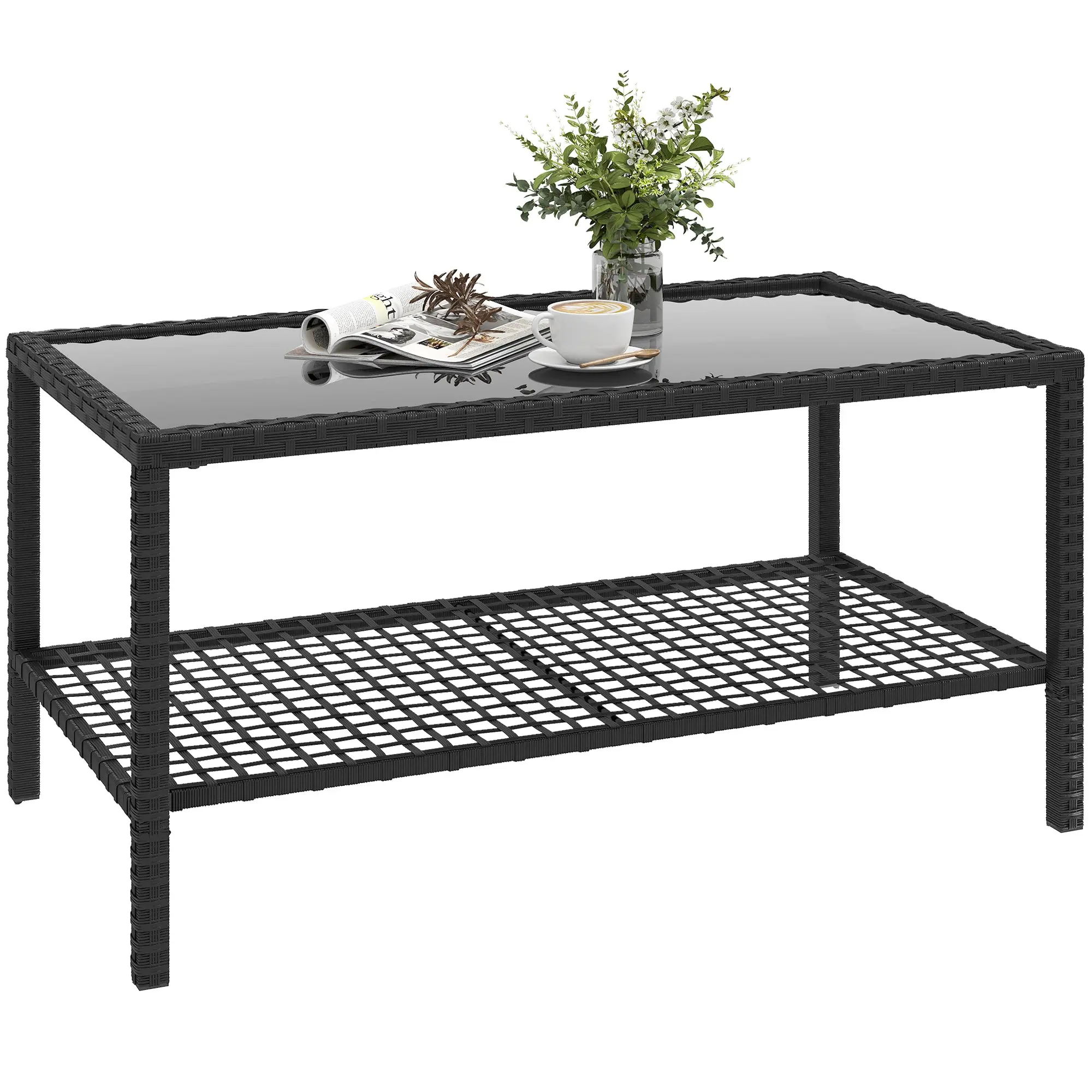 Rattan Garden Side Table with Shelf, Tempered Glass Top & Steel Frame — 92 x 50 x 45 cm (36.2 x 19.7 x 17.7 in), Black