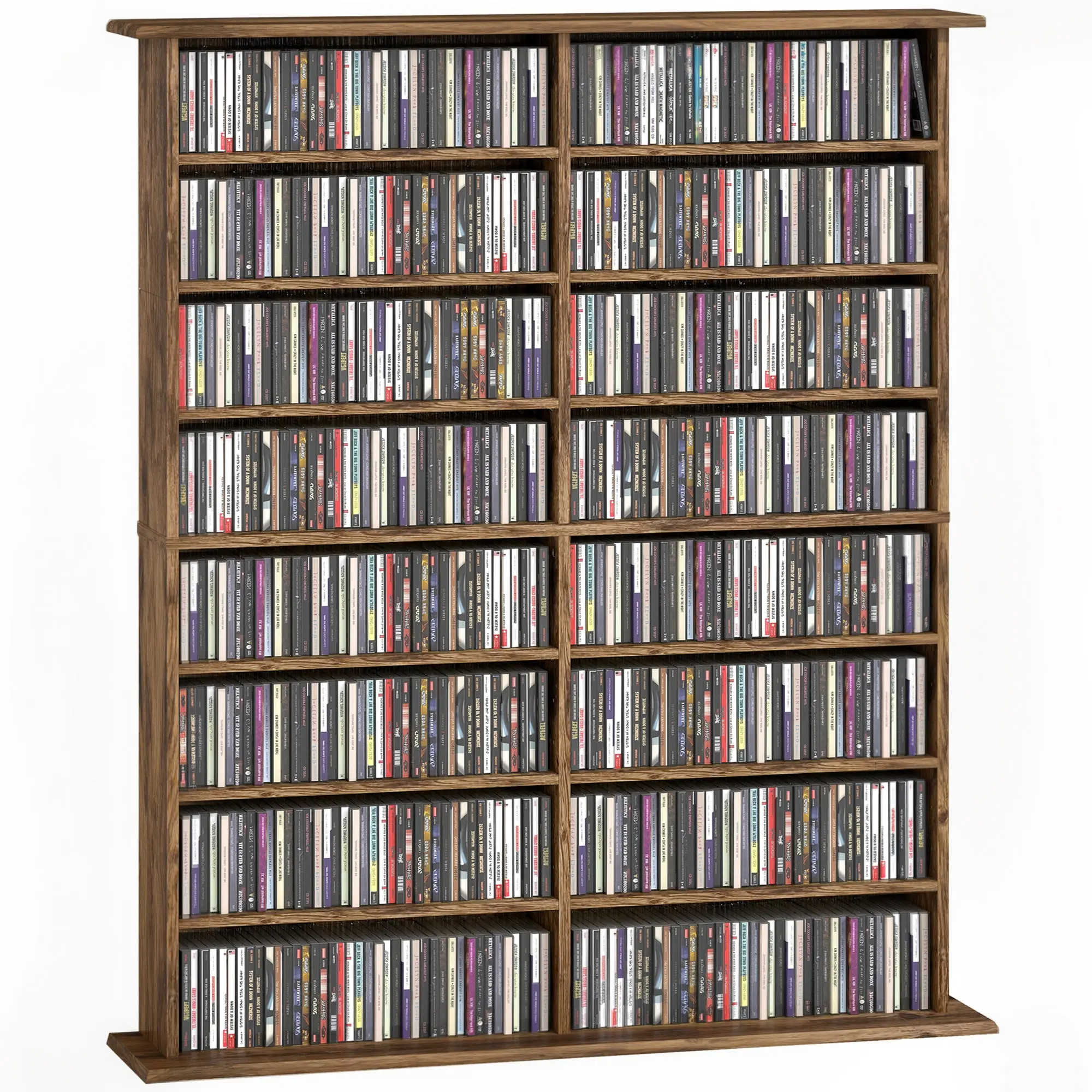 CD & DVD Storage Unit, Multimedia Organizer—Holds up to 720 CDs / 396 DVDs & Blu-rays, 16 Compartments, 12 Adjustable Shelves, for Living Room or Bedroom, 106.5 x 24 x 126.3 cm (41.9 x 9.4 x 49.7 in), Rustic Brown