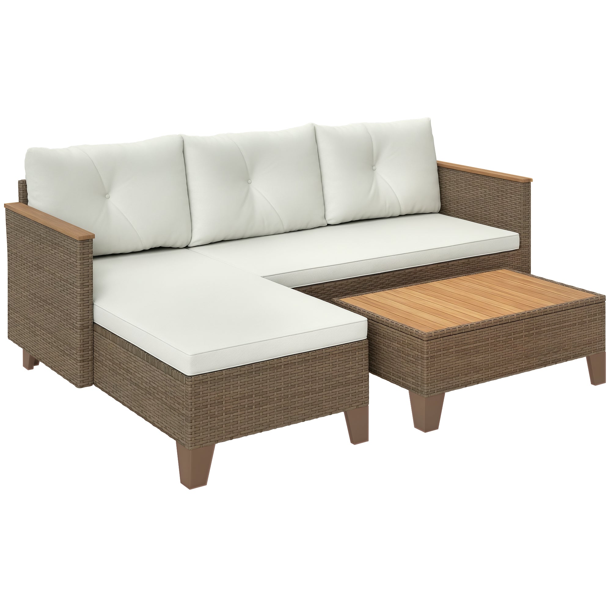 Outsunny 3-jų dalių Rattano Sodo Baldų Rinkinys, Lauko Poilsio Kiemas su 2-Sėdimuoju Sofa, Chaise Longue, Stiklo Kavos Staliuku ir Plaunamomis Pagalvėlėmis, Plieninis Rėmas, Chaki/Kreminė