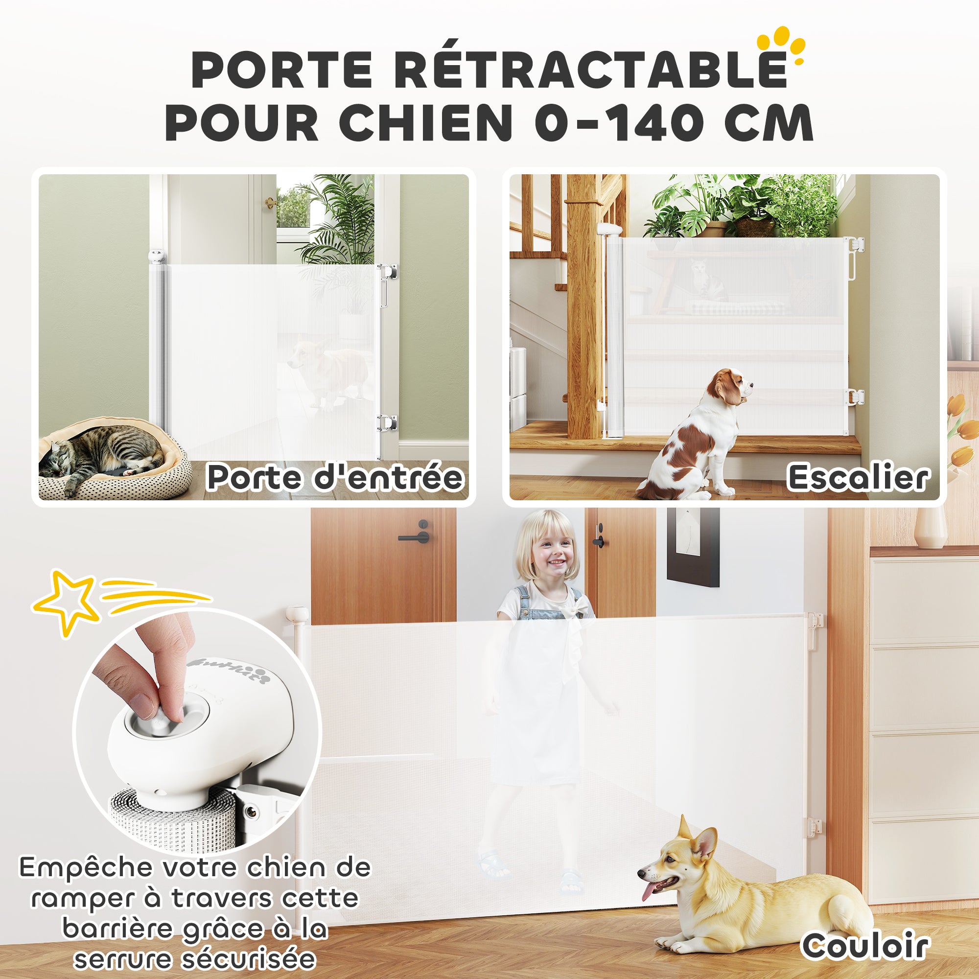 PawHut Ausziehbare Hundesicherheitsbarriere 0-140 cm Breite, Treppen- und Türbarriere für Hunde und Katzen mit Schloss, Weiß