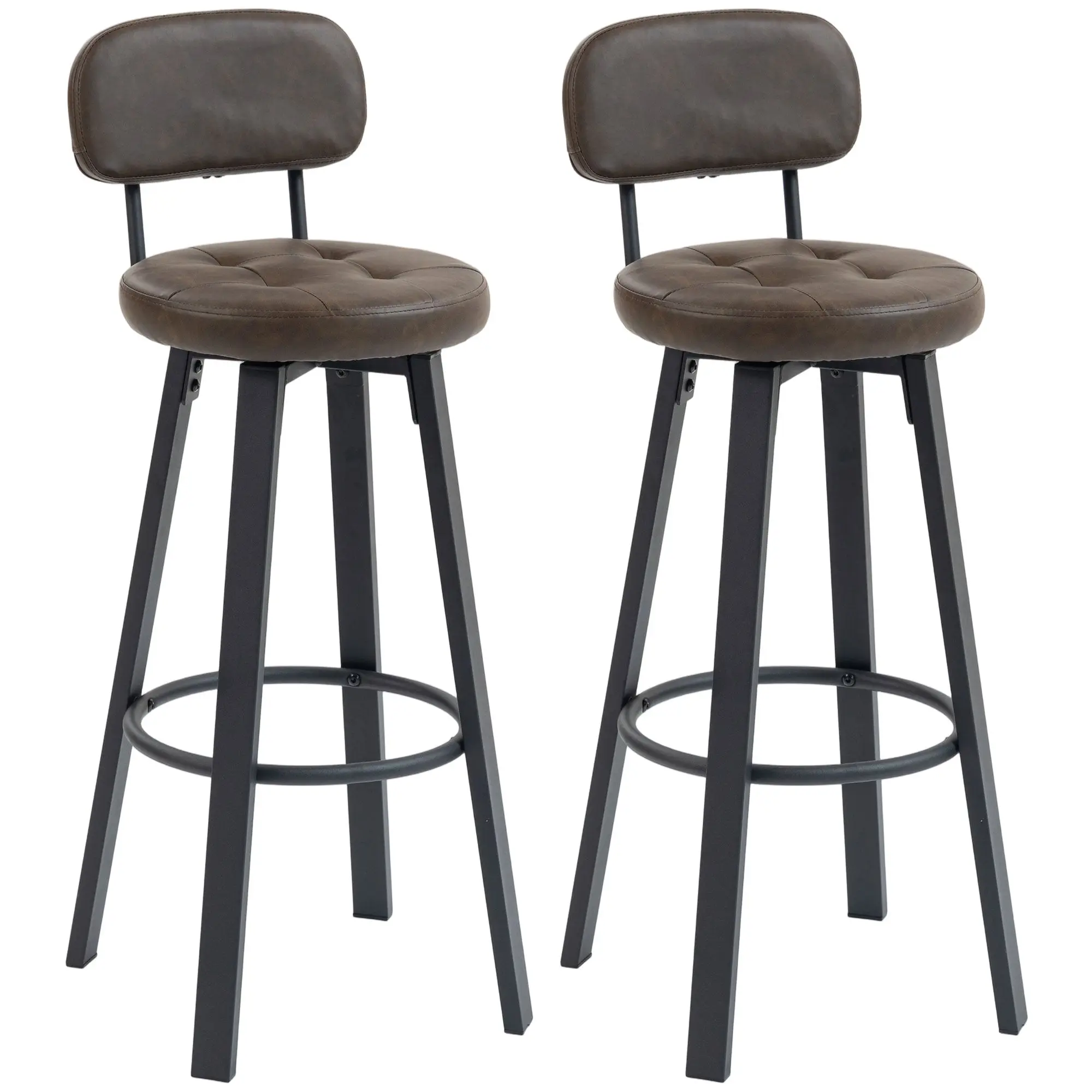 Set of 2 Swivel Bar Stools with Backrest — PU Upholstery, Metal Frame, Integrated Footrest, 30.1" Seat Height, Dark Brown