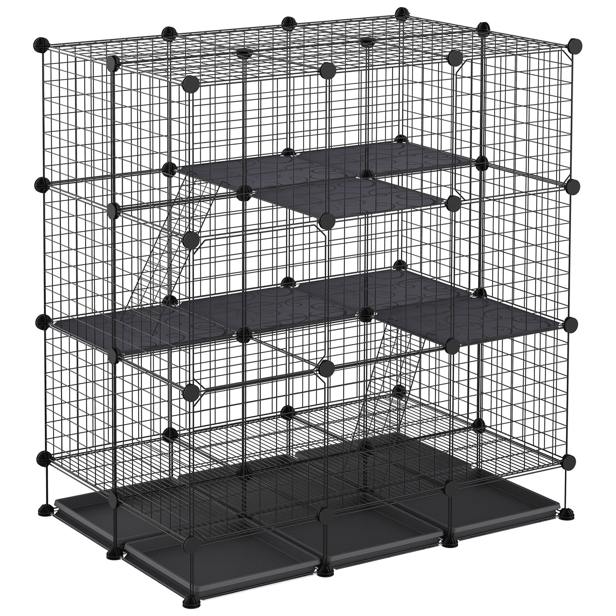 PawHut modulinė graužikų narvas, matmenys L 111 x P 75 x A 119 cm, 3 aukštai, 4 durys, juoda vielinė tinklelis