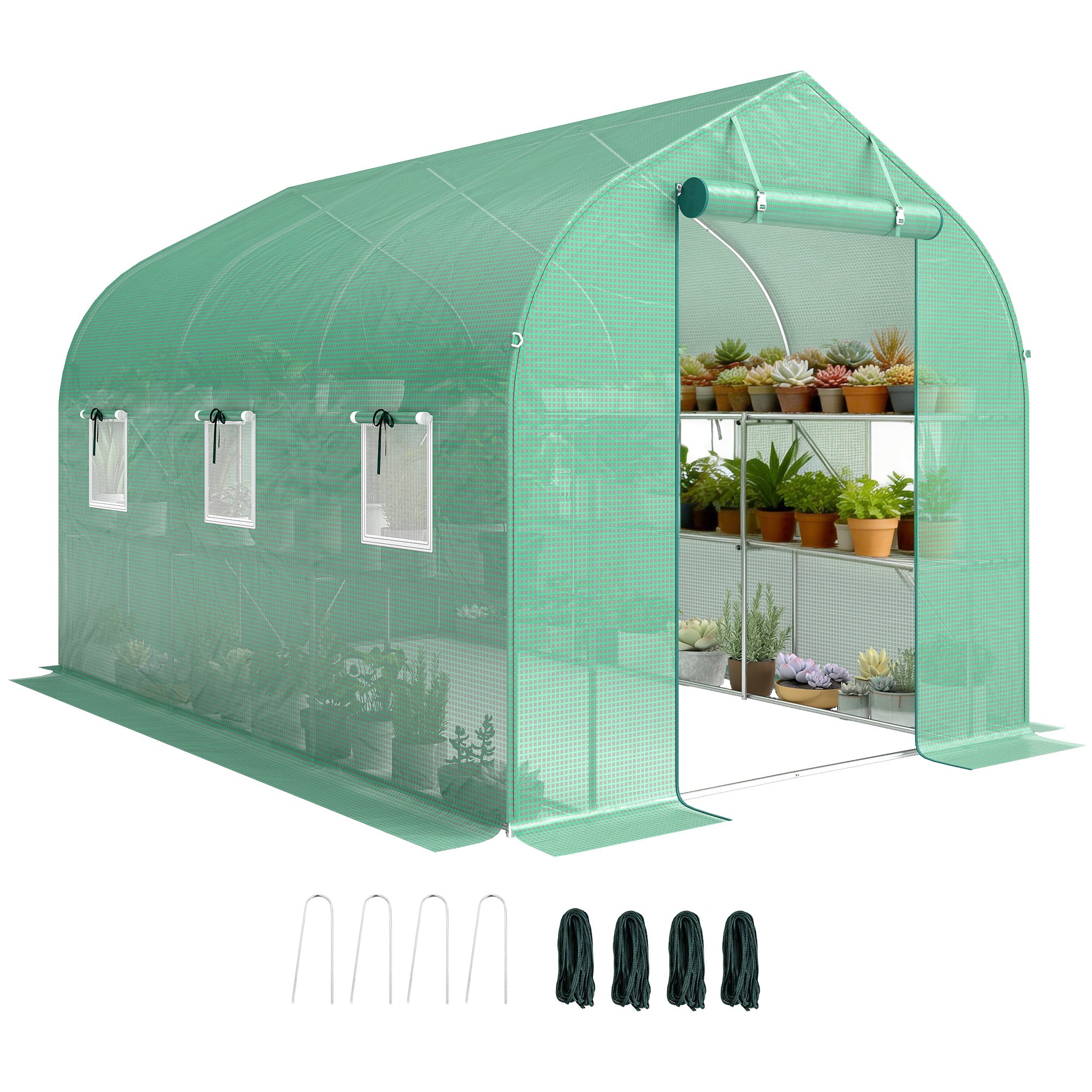 6 m2 Tunnel Greenhouse with Shelves, 198 x 293 x 194 cm (78 x 115 x 76 in) — Galvanized Frame, Roll-Up Door, 6 Mesh Windows, 140 g/m2 PE Cover — Green
