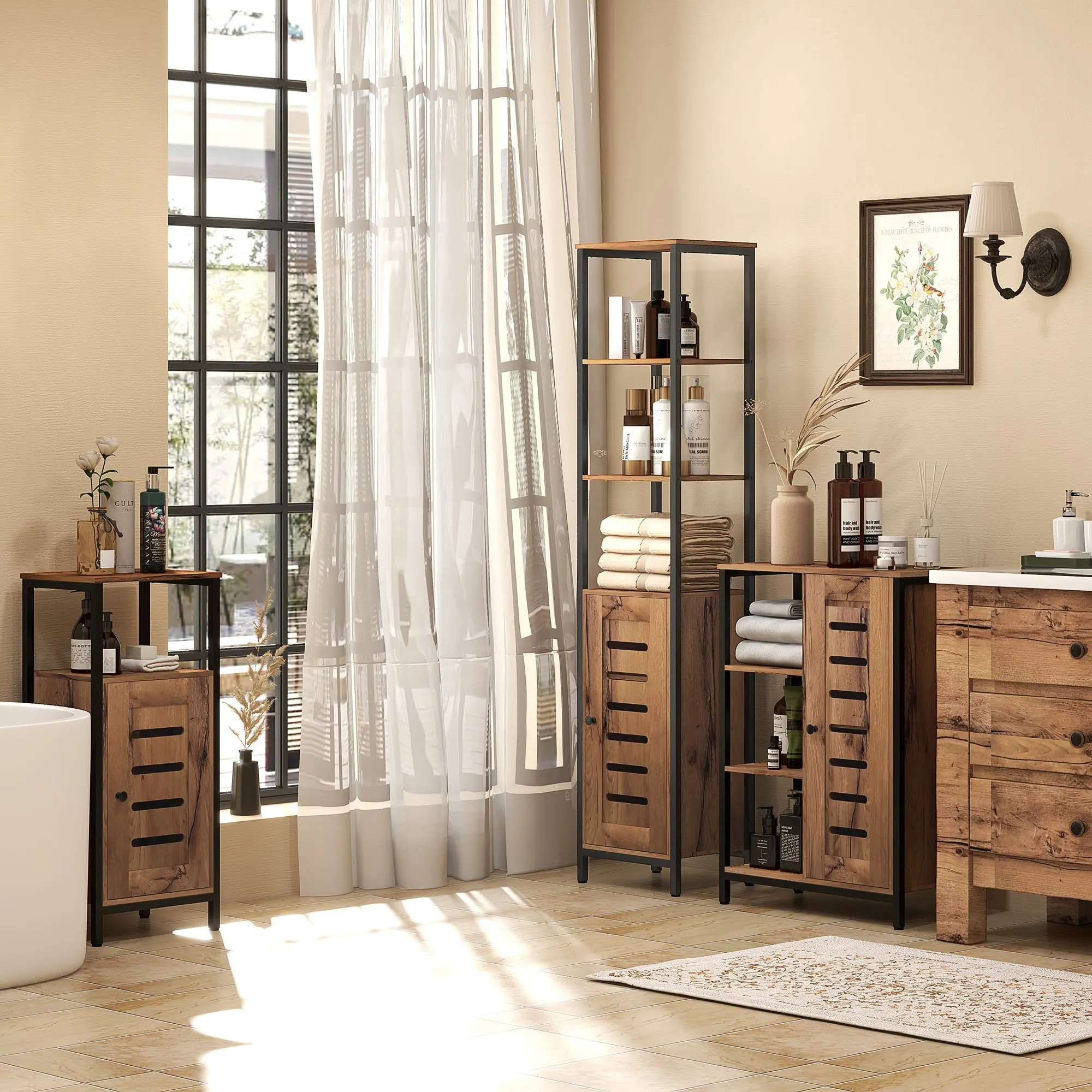 Bathroom Column Cabinet, High Toilet Cabinet, Industrial Design, with 3 Open Shelves, Slatted Door, and Adjustable Shelves, Rustic Brown