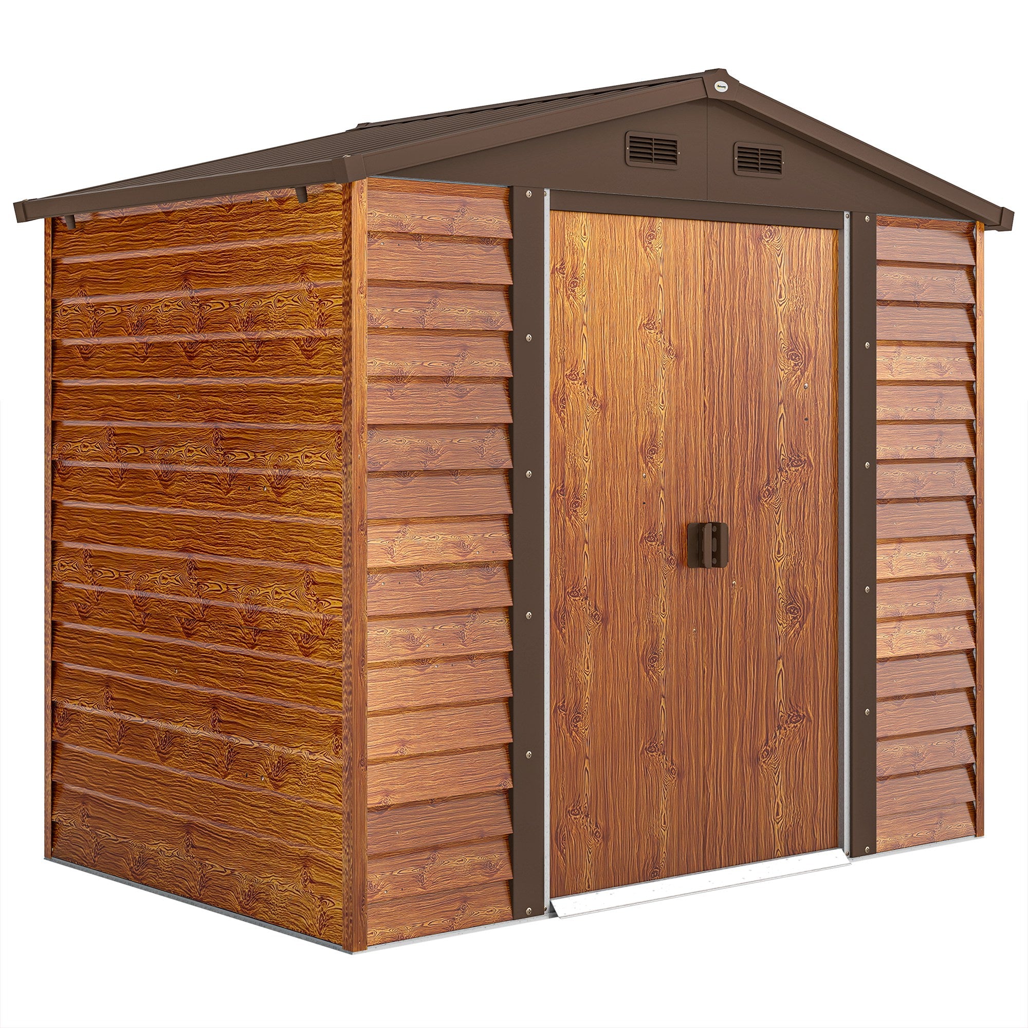 Metal Garden Equipment House in Wood-Optic 3 m? 152 x 235.7 x 208.7 cm Equipment Shed with Gable Roof Window Double Sliding Doors Weatherproof Garden House Outdoor Garden Shed for Backyard Brown
