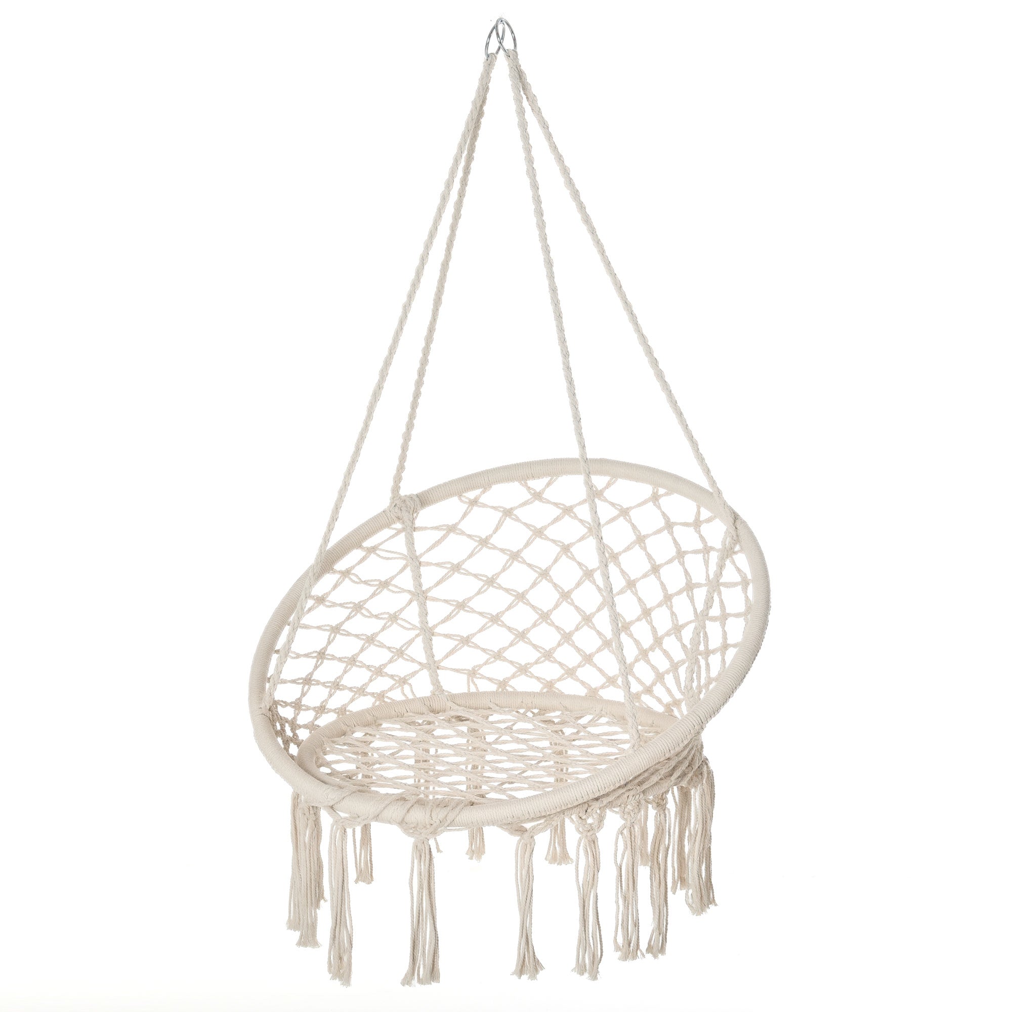 Hanging Chair Outsunny за Вътрешен и Външен Използване - Портативен Хамак Chair Ø 80 x 42H см, Макраме, Памук и Полиестер, Бежов