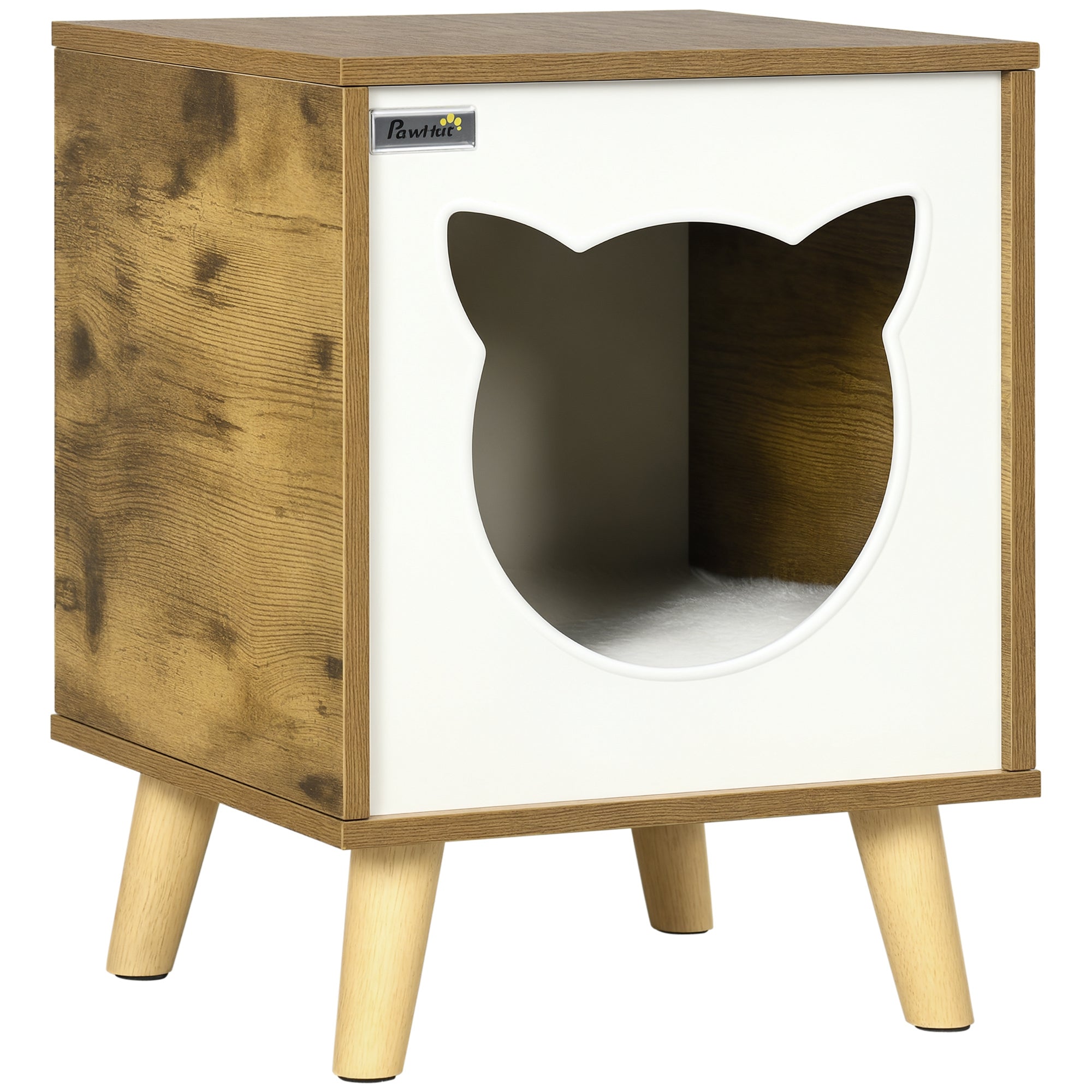 Pawhut Fa Macska Ház Belső Macska Barlang Washable Párnával és Emelt Lábakkal 34x34x44 cm Barna