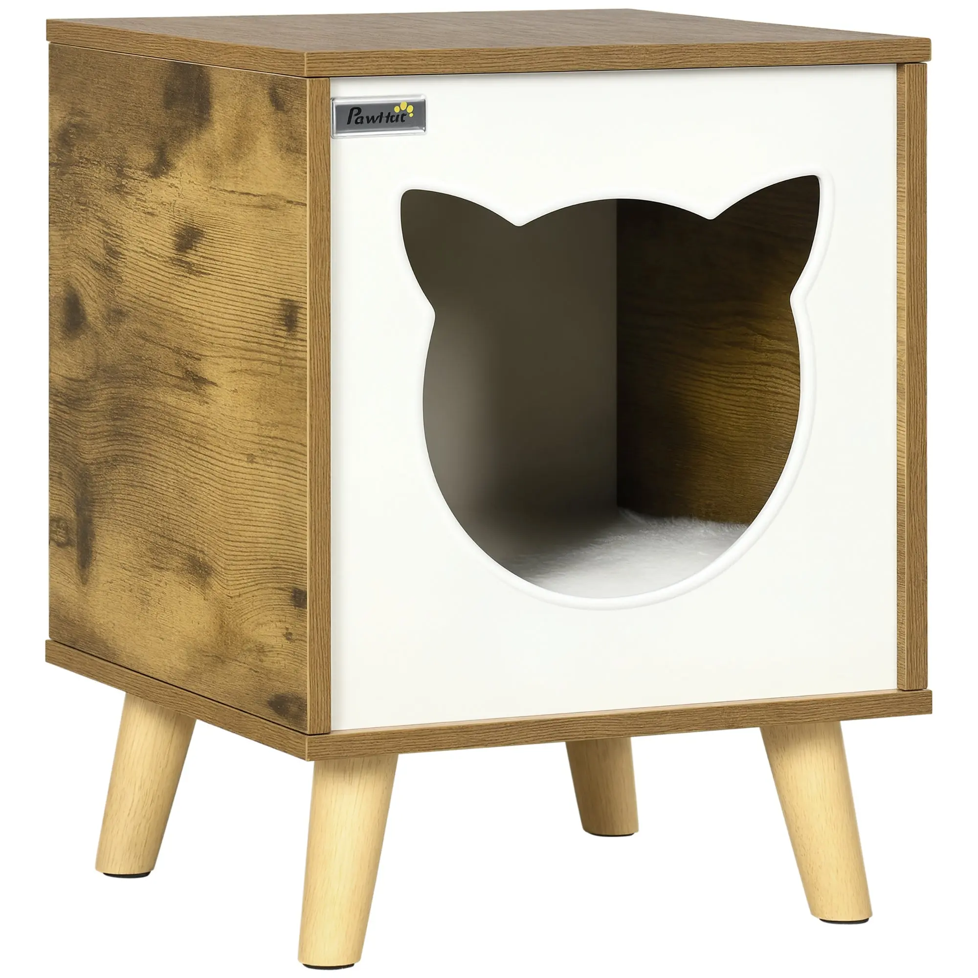 Wooden Cat House Indoor Cat Cave with Washable Cushion and Raised Legs 13.4x13.4x17.5 inches Brown