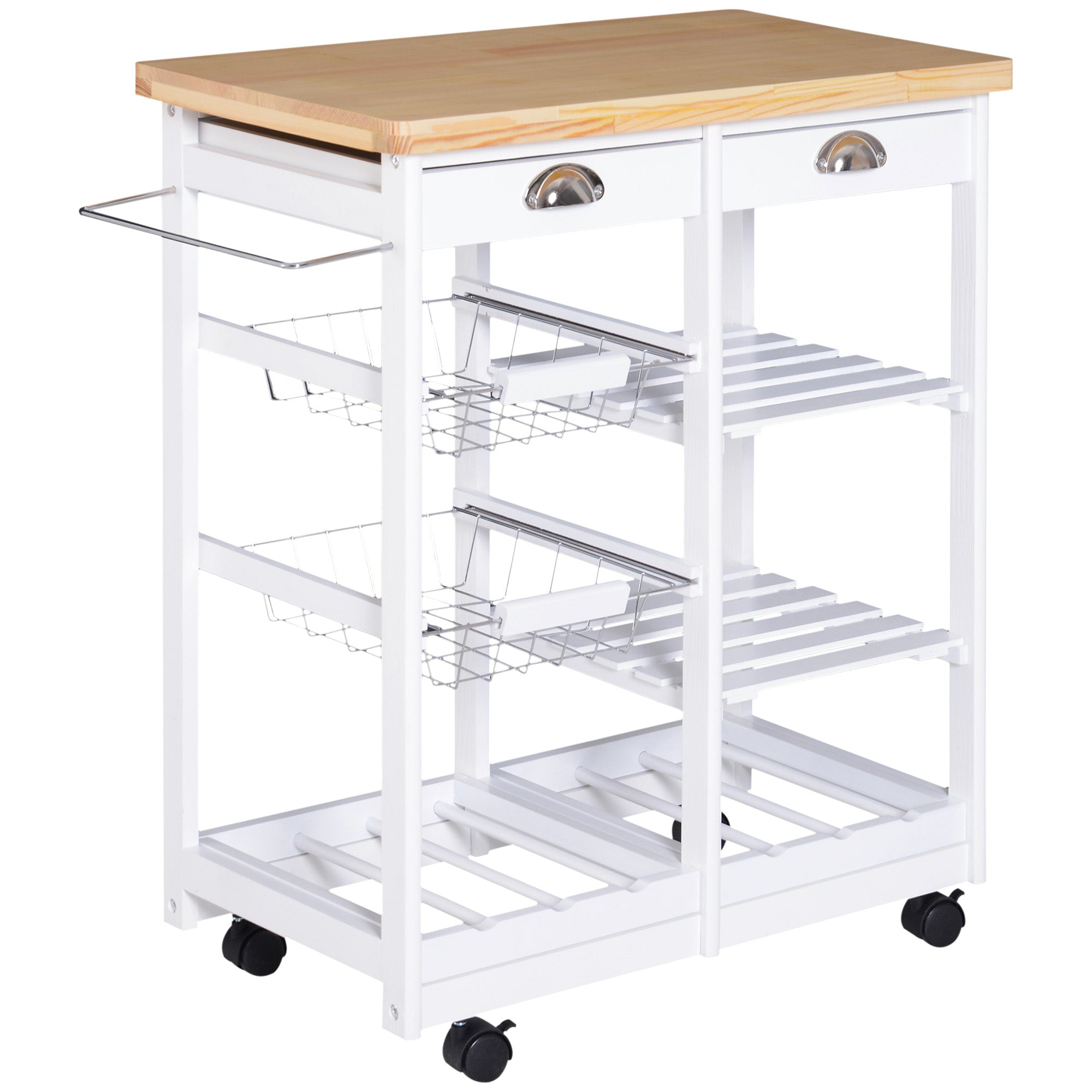 Chariot de Cuisine Multifonction HOMCOM avec 2 Tiroirs, 6 Supports à Bouteilles, 2 Étagères Latérales et 2 Panieres, Chariot en Bois de Pin, 74x37x76 cm, Blanc