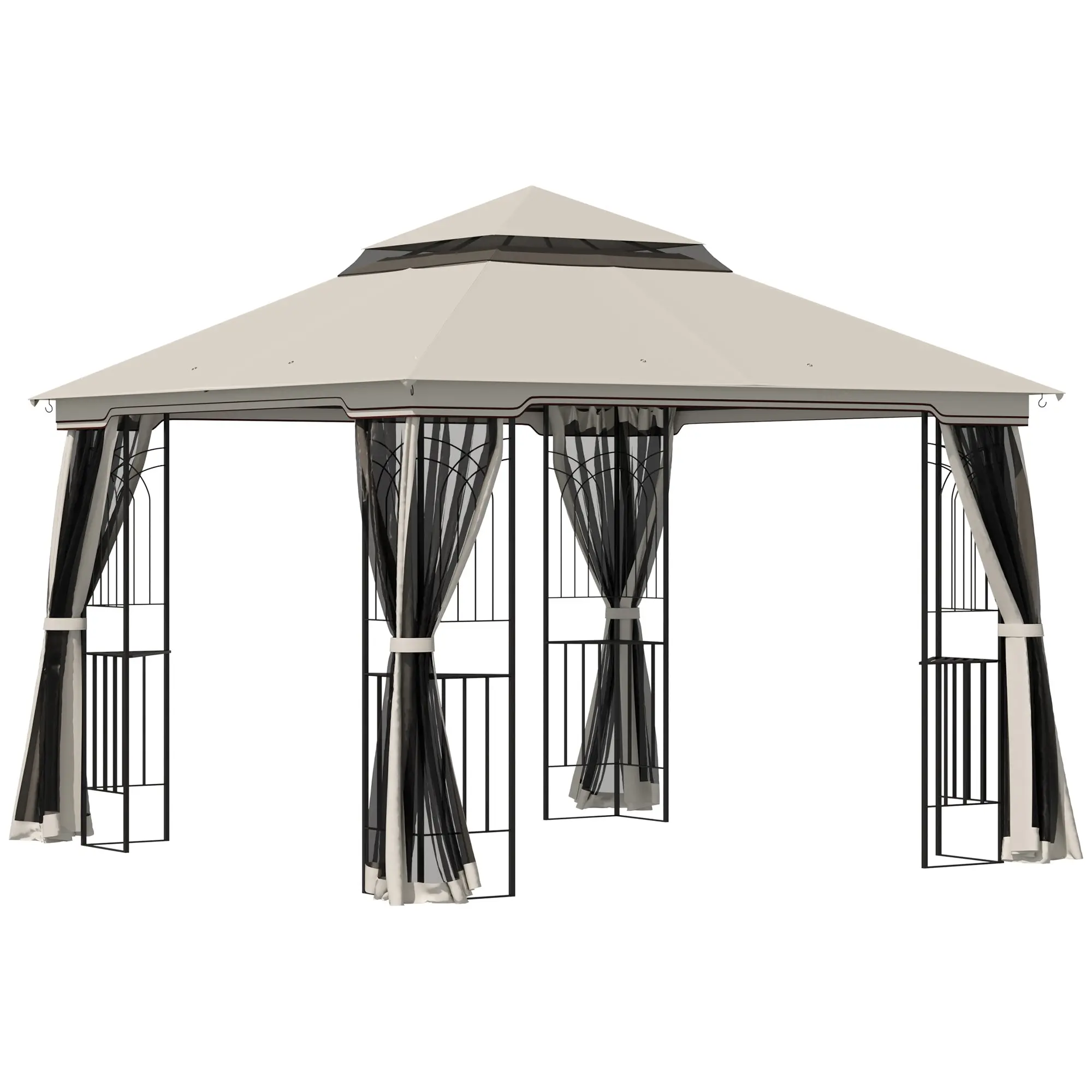 Garden Pavilion with Double Roof Gazebo Garden Tent Marquee Party Tent with 4 x Side Wall Metal+Polyester Beige 2.99 x 2.99 x 2.74 m