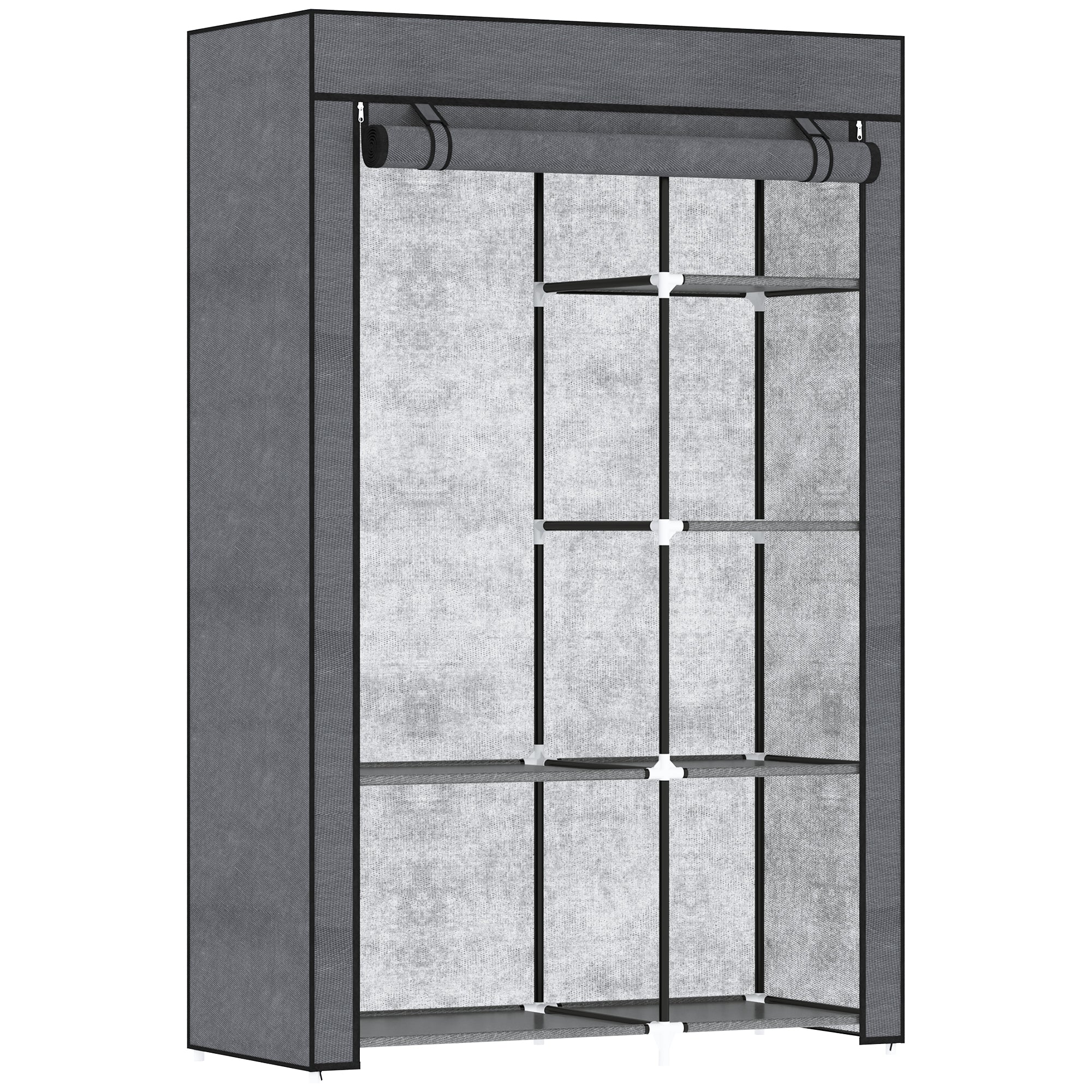 HOMCOM Kankainen vaatekaappi, jossa 6 hyllyä, vaateripustin, vetoketjullinen vaatekaappi pukeutumishuoneeseen tai makuuhuoneeseen, 103 x 43 x 162,5 cm, Tumma harmaa