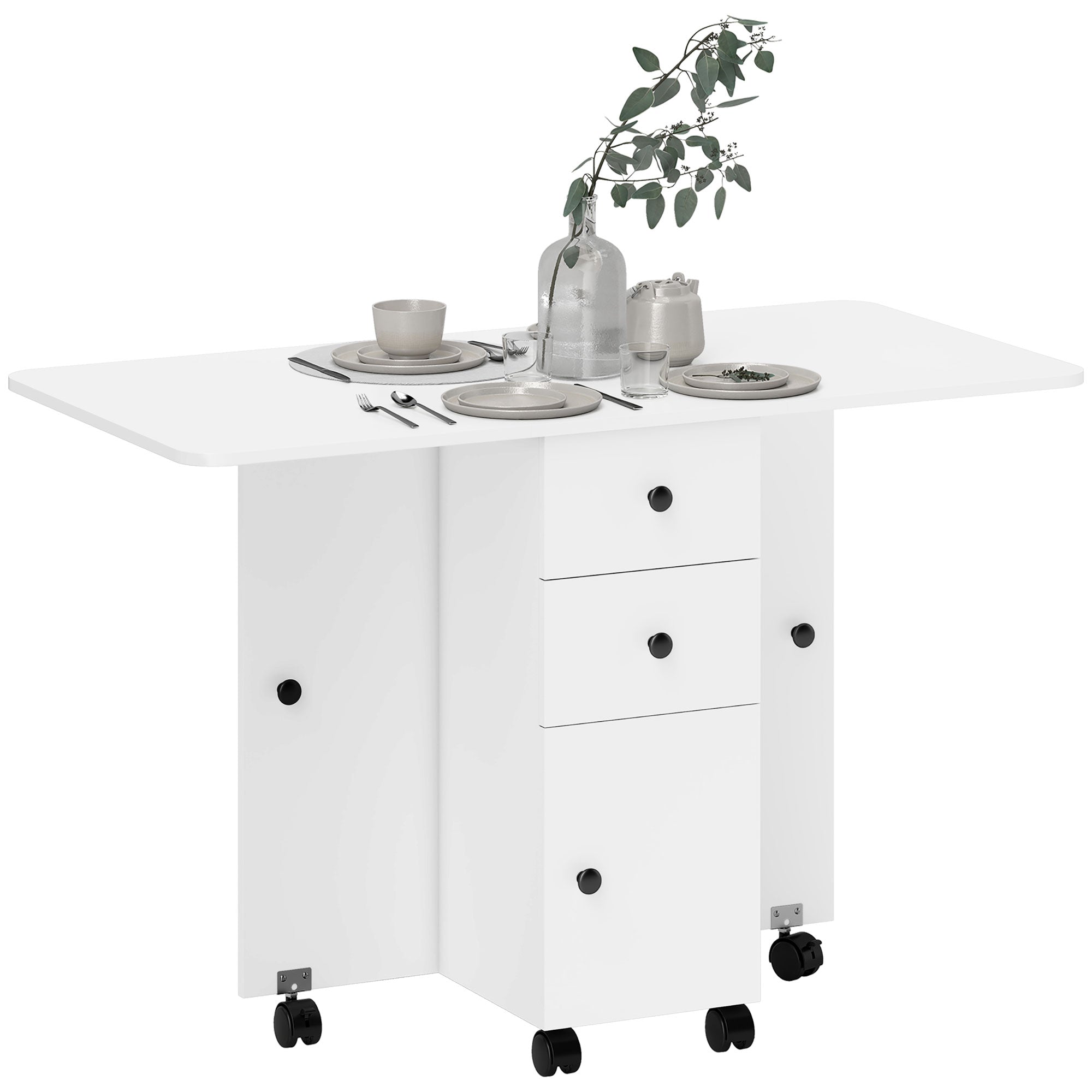HOMCOM Klapptisch mit Rollen, ausziehbare Flügel, Schubladen und Schrank für 4-6 Personen 120x60x76,5 cm Weiß