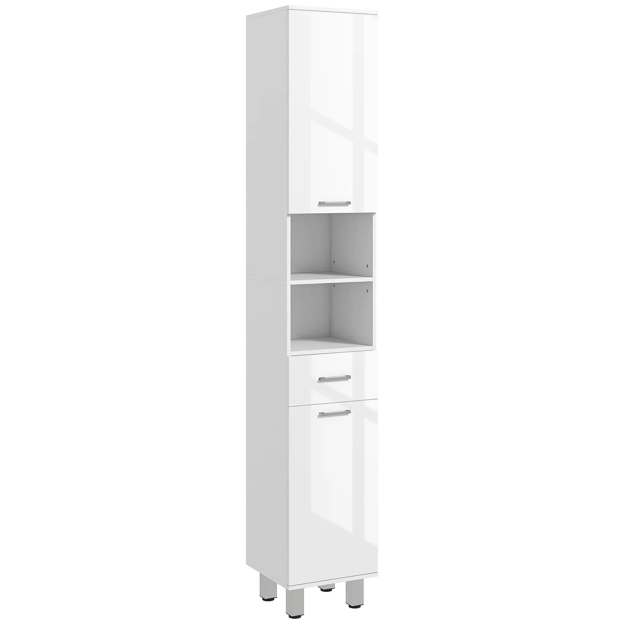 Slim Bathroom Cabinet, Tall Toilet Cabinet with High Gloss White Drawer, Adjustable Shelf and 2 Open Compartments, for Small Spaces Bathroom 30 x 30 x 180 cm White
