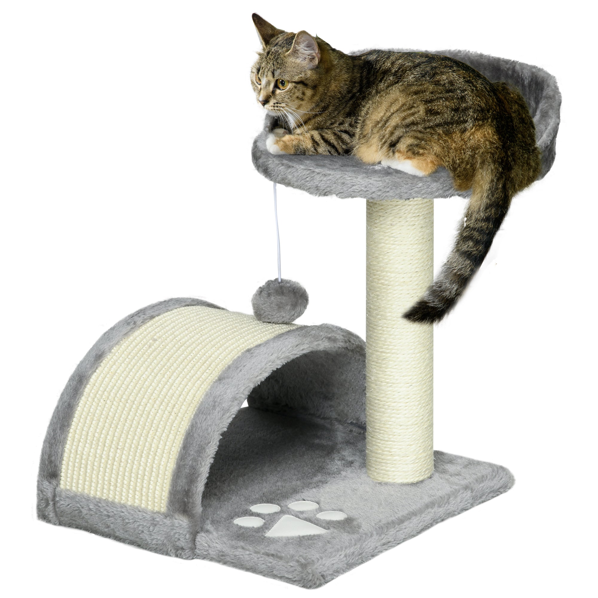PawHut Lille Katte Kradsetræ Højde 46 cm 2-Niveau Katte træ med Kradsepæl, Platforme og Hængende Bold Legetøj 35,5x37x46 cm Grå
