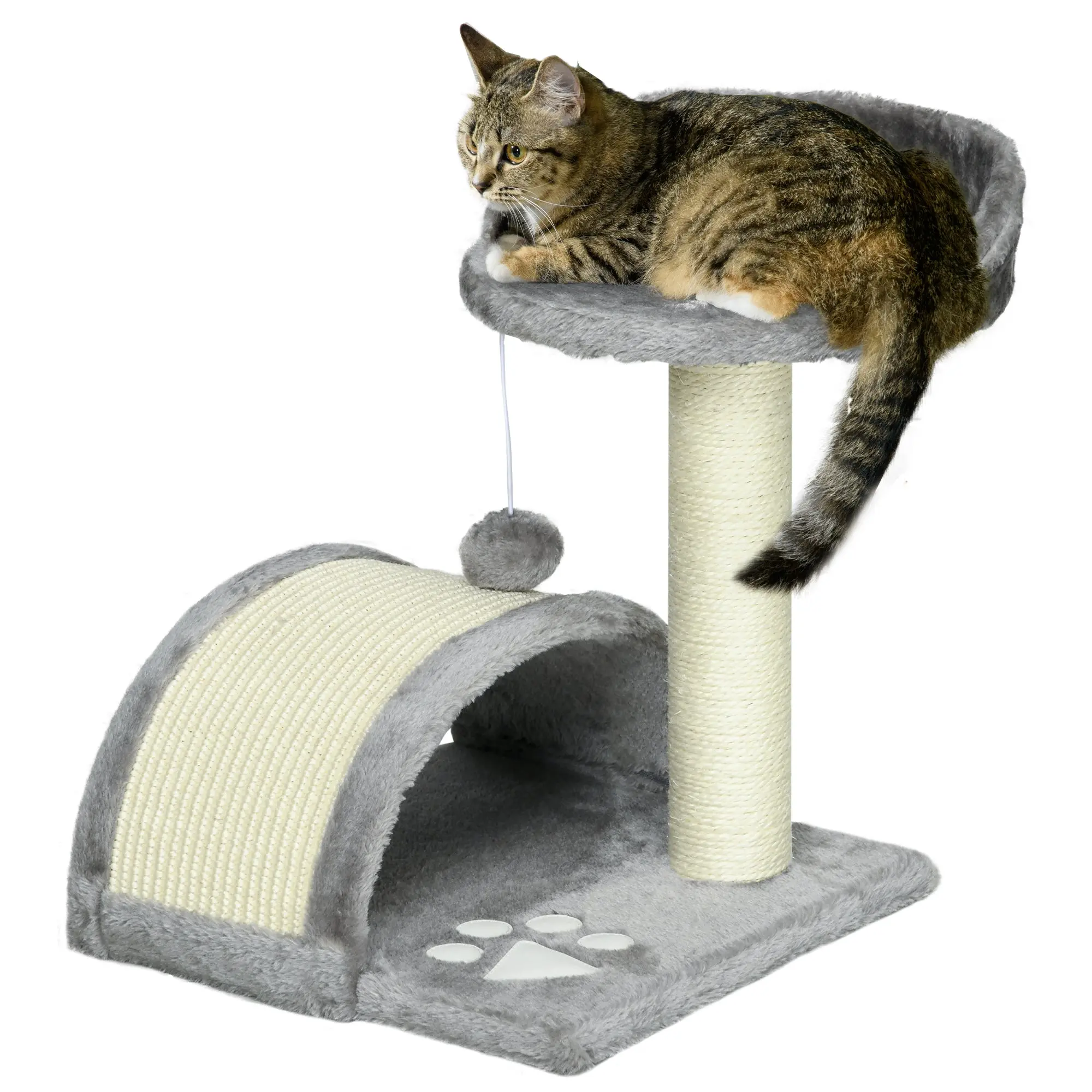 Small Cat Scratching Tree Height 46 cm 2-Level Cat Tree with Scratching Post, Platforms, and Hanging Ball Toy 35.5x37x46 cm Gray