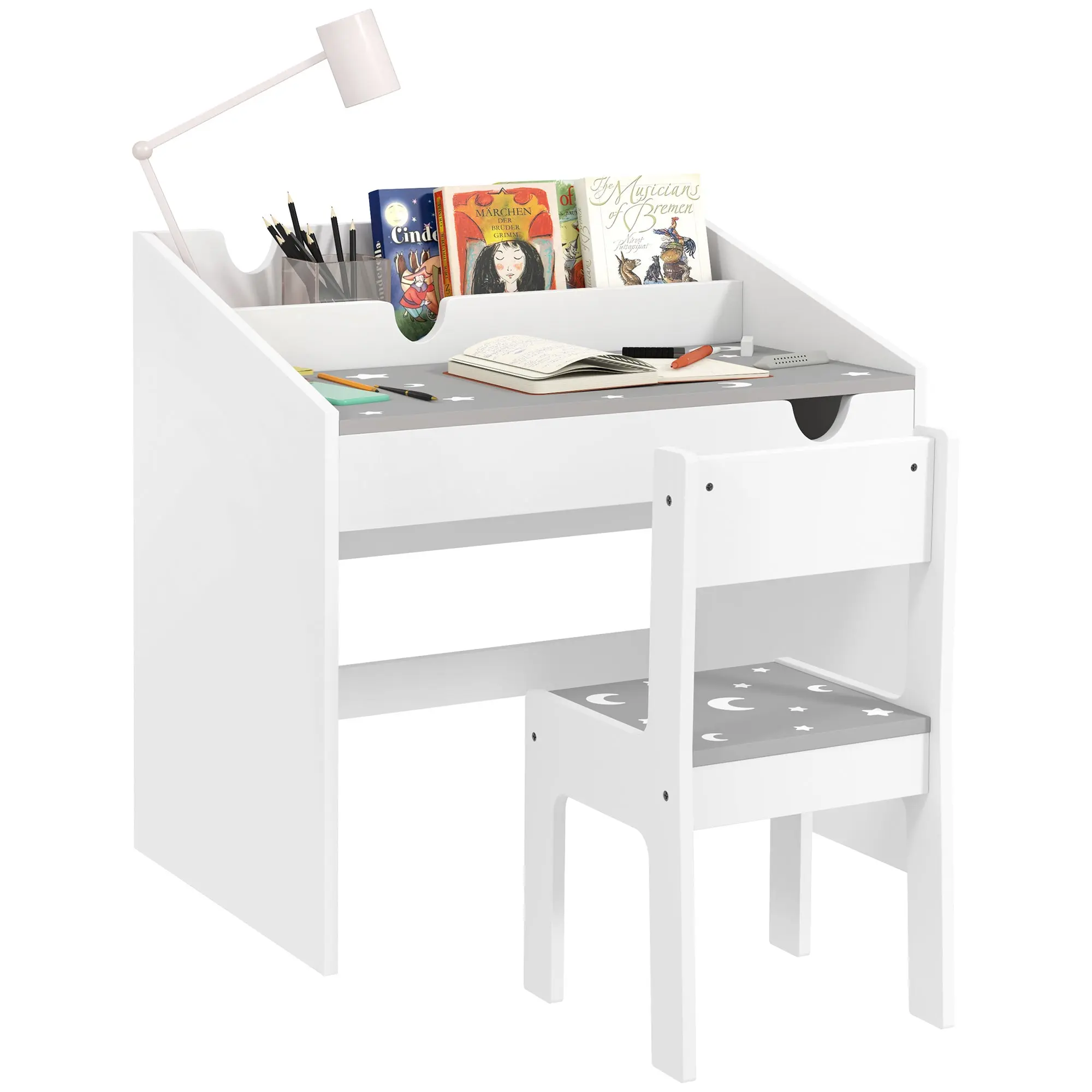 Kids Desk and Chair Set for +3 Years Old Children Children's Desk with Removable Drawer and Compartment for Bedroom Study Room Gray and White