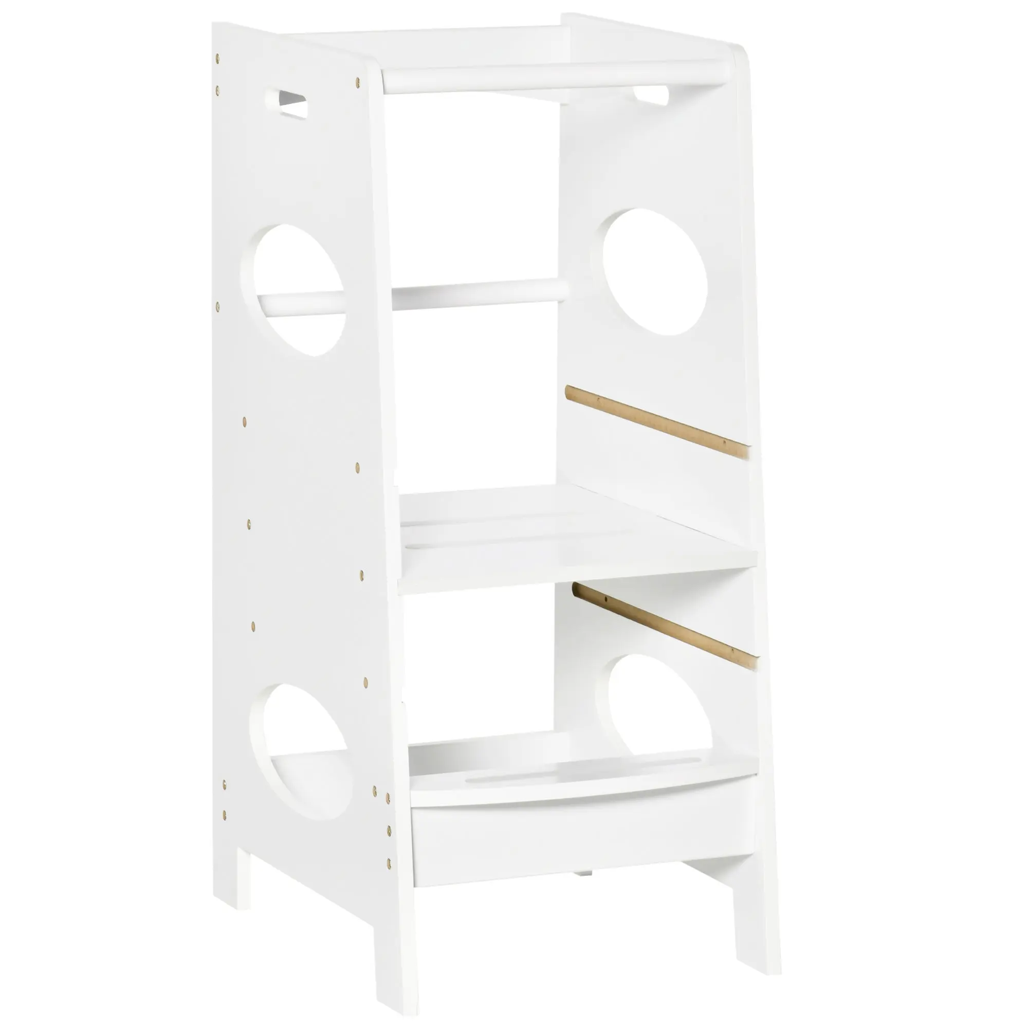 Wooden Learning Tower for Kids Children's Kitchen Stool with Adjustable Height in 3 Positions and Safety Bar 40x50x90 cm White
