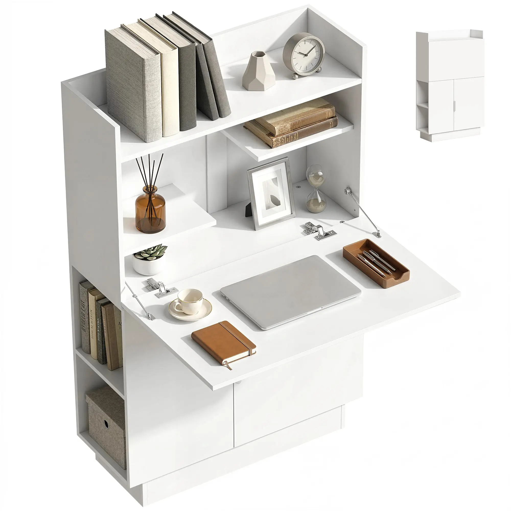 Folding Desk with Flip-Down Worktop, Storage Shelves & Cabinet, Modern, 31.5 x 11.8 x 50.4 in (80 x 30 x 128 cm), White