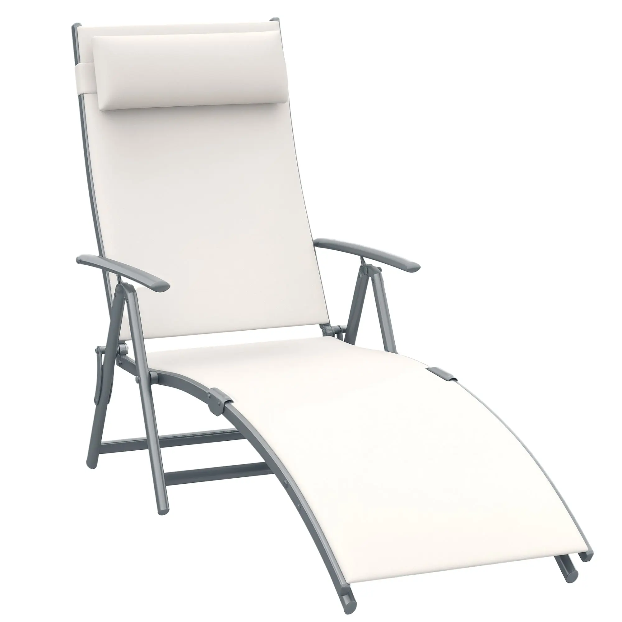 Folding Lounger Garden Lounger with 7-Level Adjustable Backrest Pillow and Armrests Load 165 kg for Pool Terrace Camping 137x63.5x100.5 cm Beige