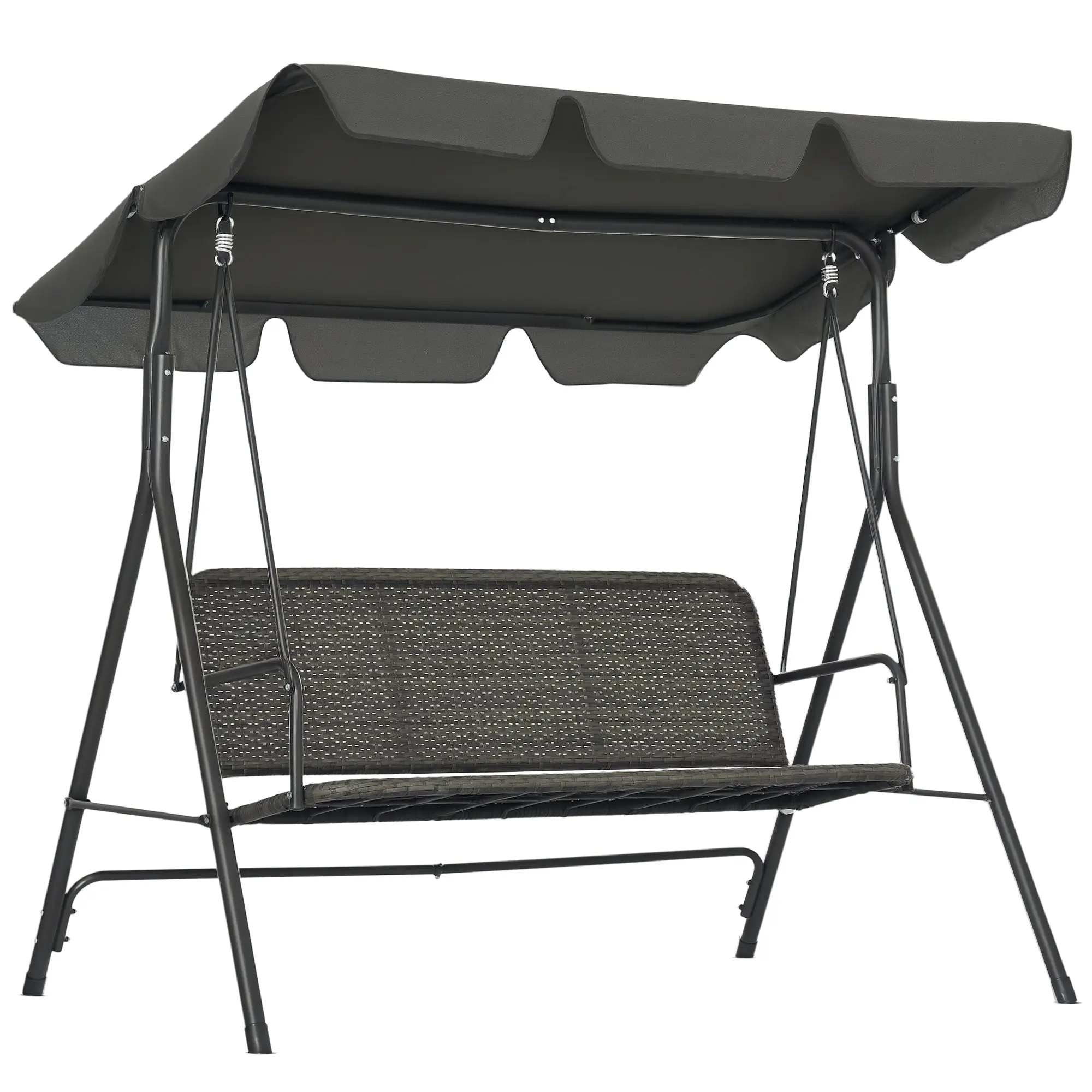 Three-Seater Outdoor Garden Swing with Adjustable Canopy PE Rattan Seat and Armrests for Balcony Terrace Patio Load 240 kg 167x112x153 cm Gray