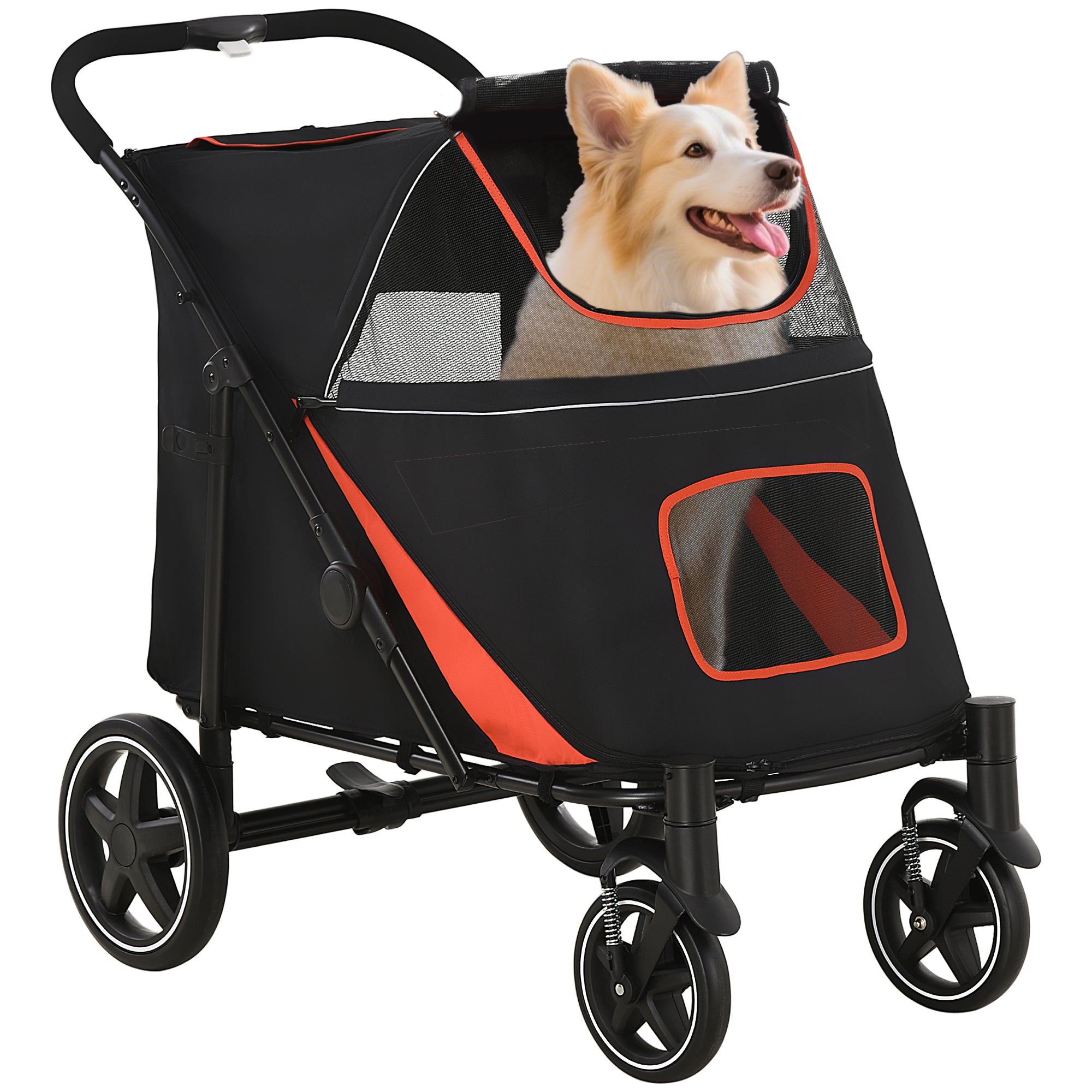 Foldable Big and Medium Dog Stroller One-Click 4 Wheels with Zipper Entrances and Mesh Windows, Steel and Oxford Pet Stroller, 112x65x100 cm, Black