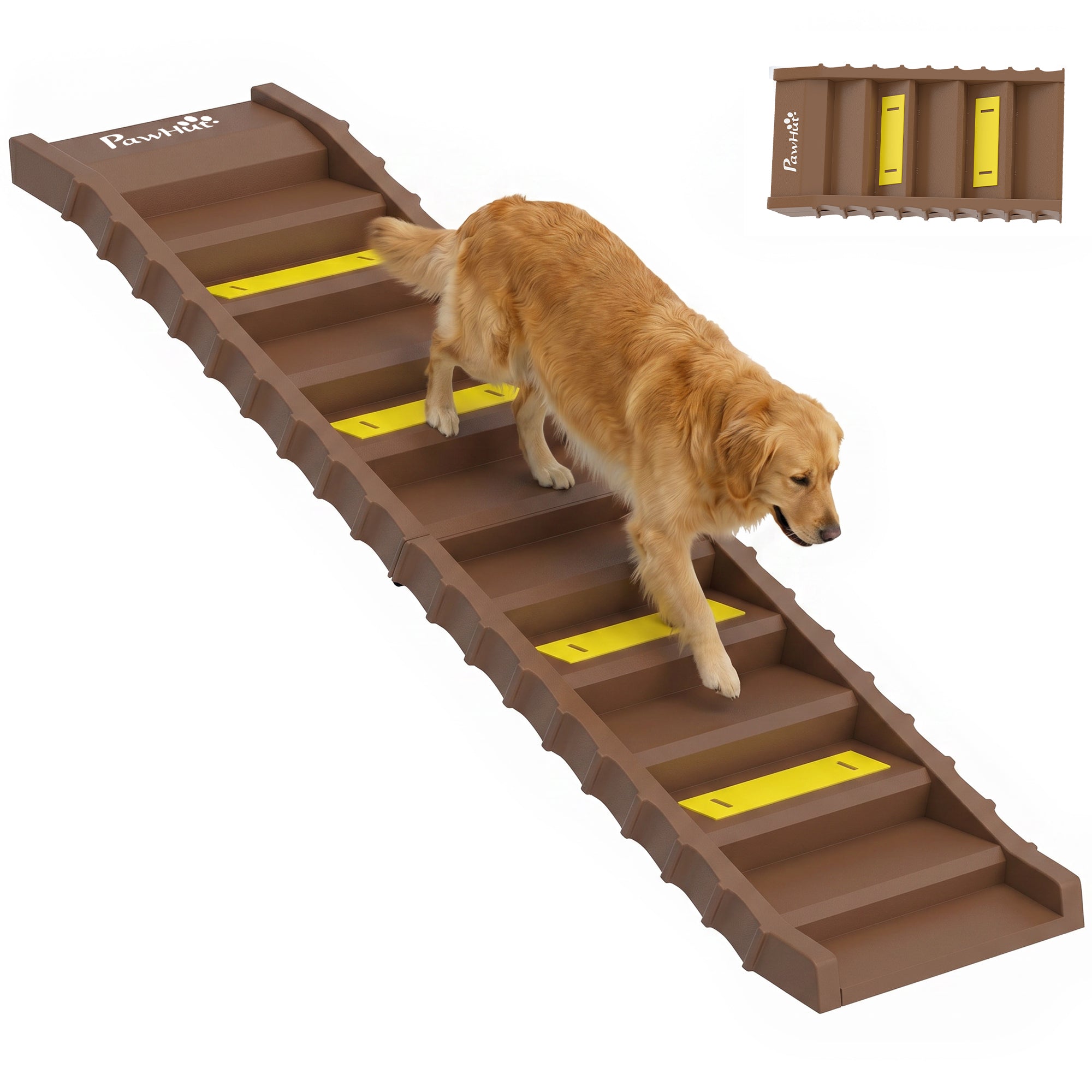 Folding Car Dog Ramp, Portable 10-Step Dog Stair with Non-Slip Strips and Mats, Lightweight, Supports up to 150 lb, Brown