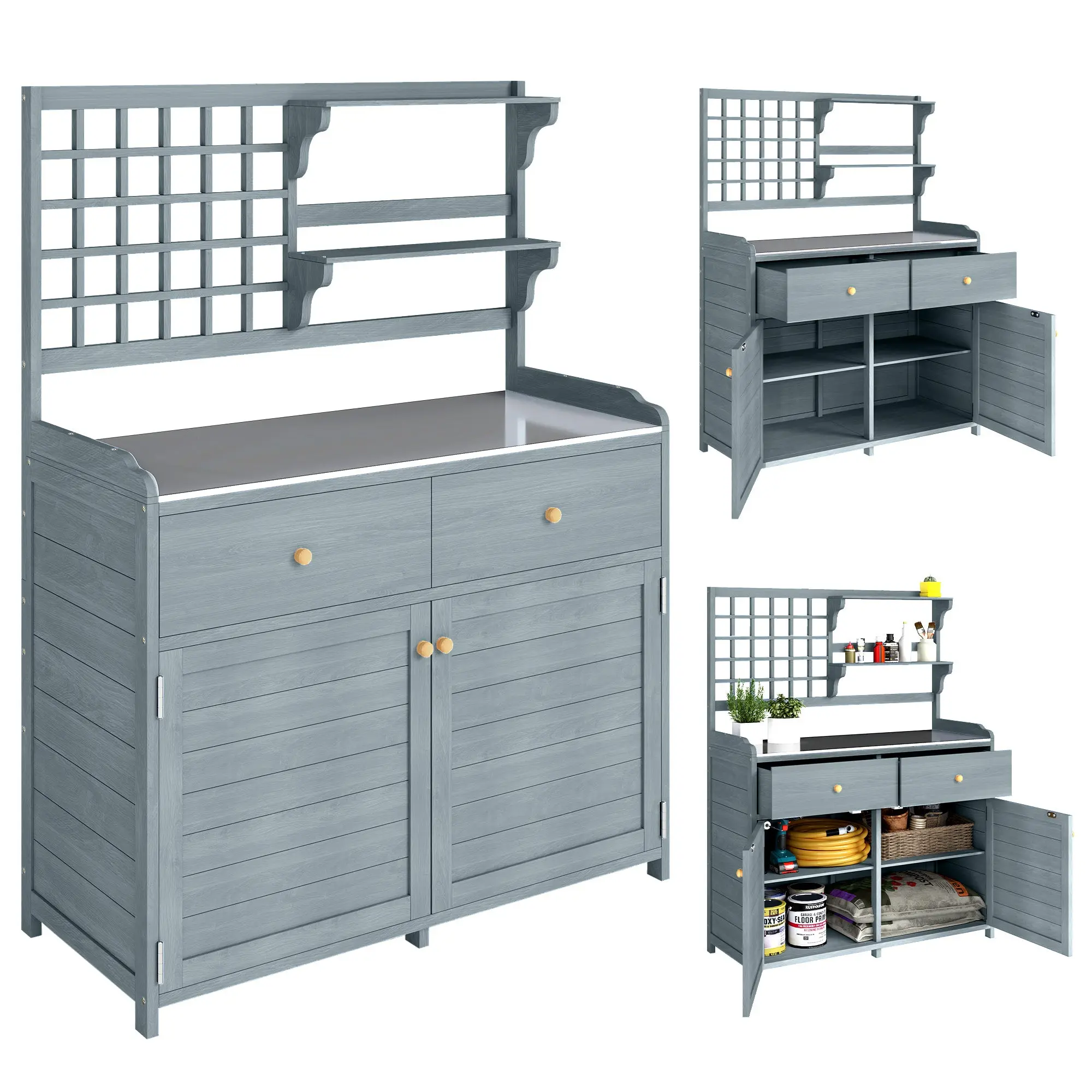 Light Gray Outdoor Potting Bench with Cabinet & Galvanized Worktop, 2 Drawers — 104 x 44 x 140 cm (41 x 17.3 x 55.1 in)
