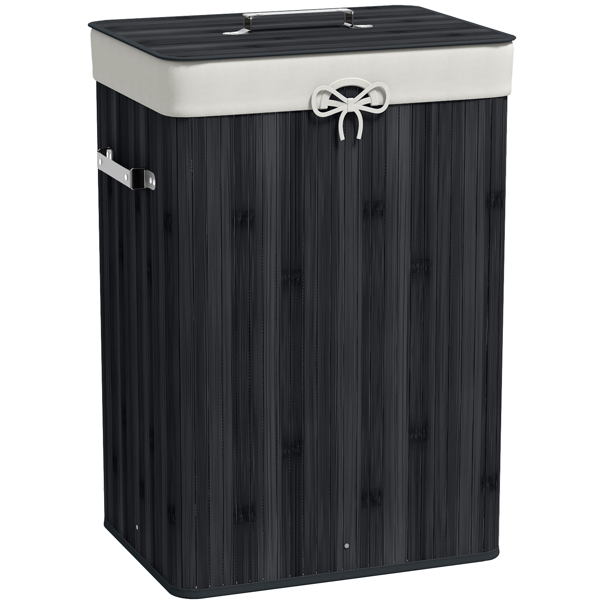 HOMCOM Vouwbare Bamboe Wasmand met Deksel, Handvatten en Verwijderbare Tas voor Badkamer 40x30x60 cm Zwart