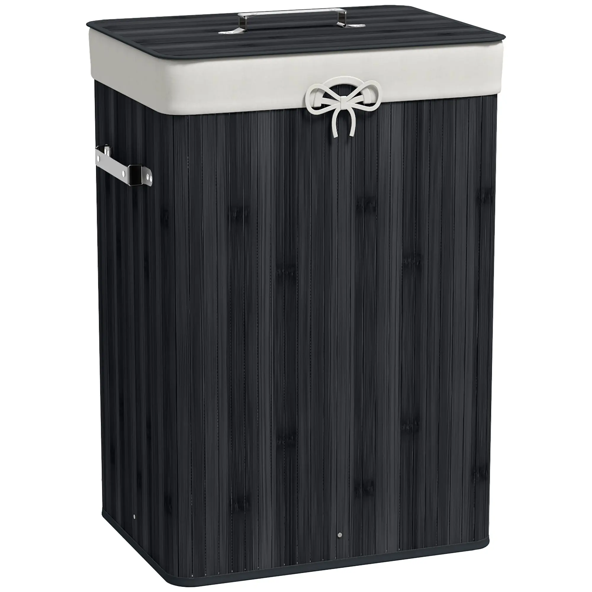 Folding Bamboo Laundry Hamper with Lid, Handles, and Removable Bag for Bathroom 40x30x60 cm Black