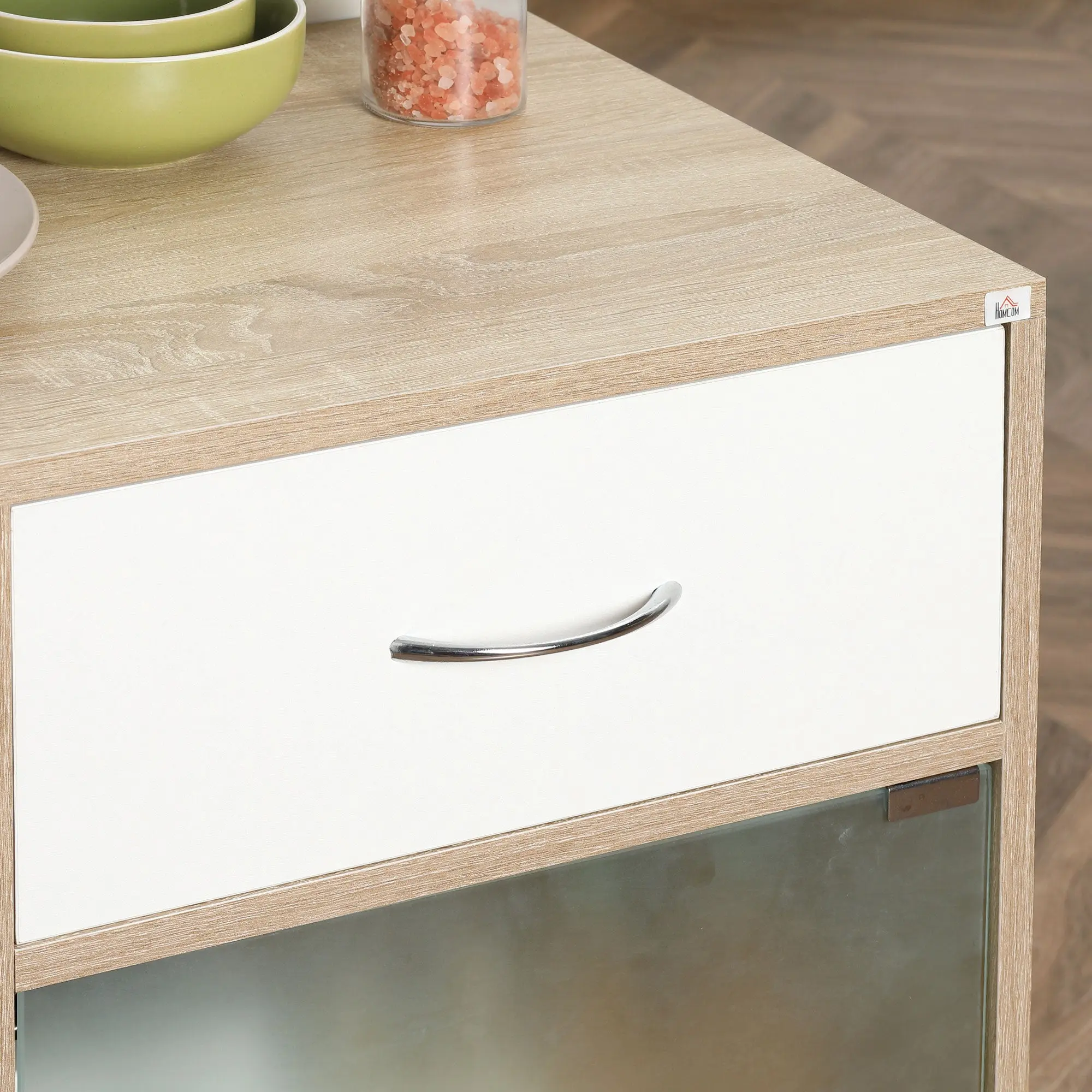 Kitchen Cart, Serving Trolley, 360° Swivel Wheels, Shelves with Barriers, Kitchen Central Island, with Drawer, Shelves, Cupboard, 65 x 39 x 80 cm, Natural