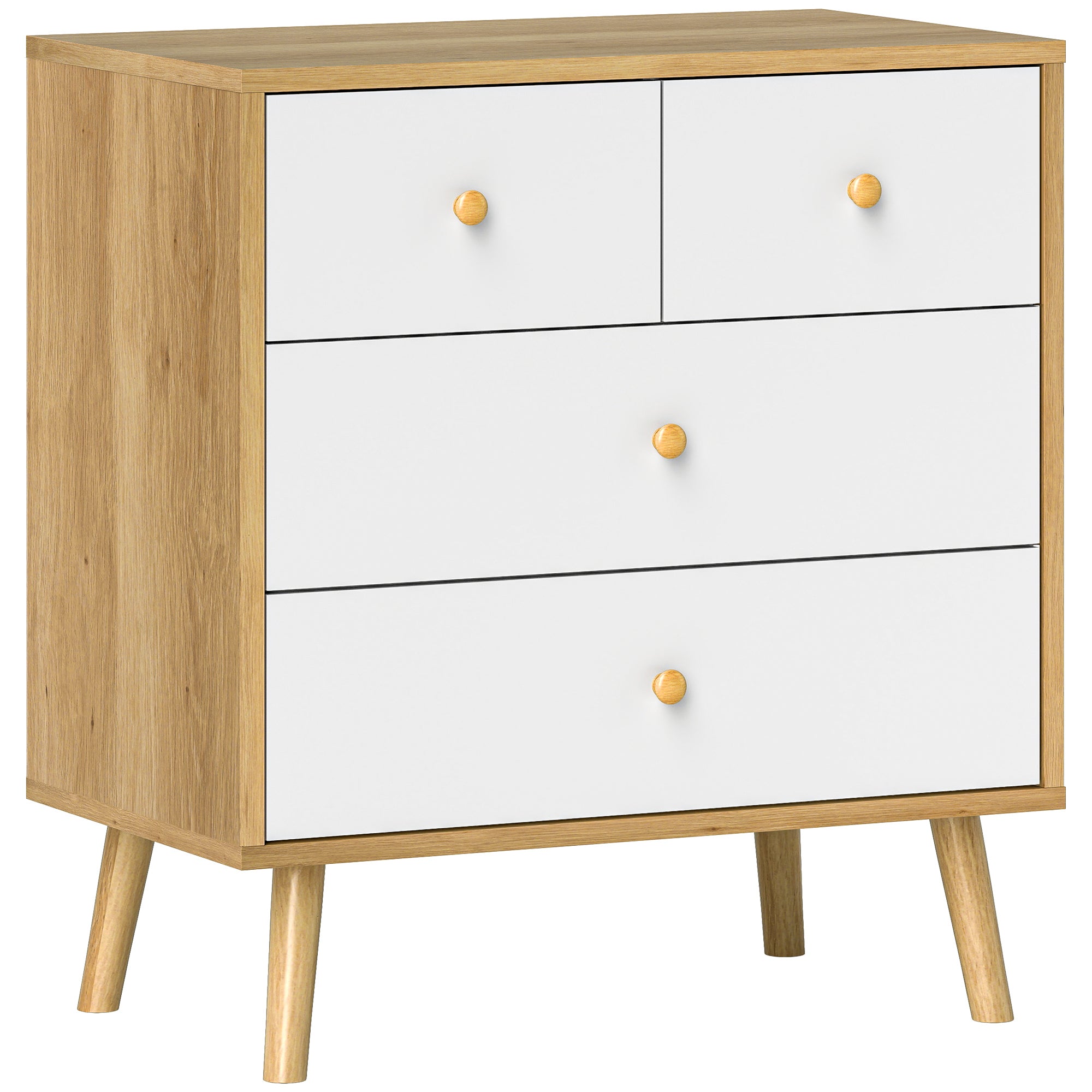 HOMCOM Komoda se 4 šuplíky pro ložnici s dřevěnými úchyty, úzká komoda do obývacího pokoje a chodby 60x35x65 cm dub a bílá