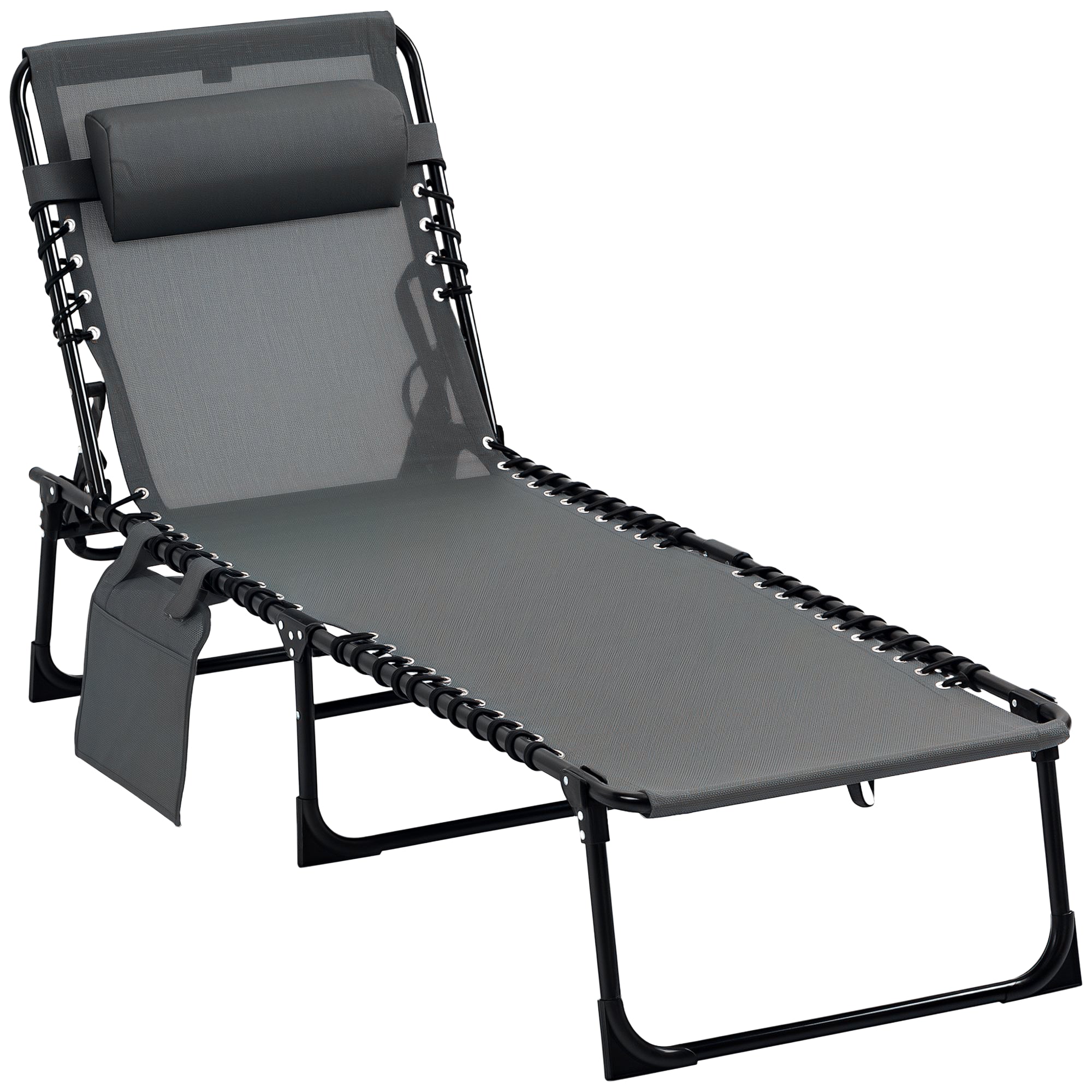 Folding Sun Lounger Garden Lounger with Headrest, Side Pocket, Recliner with 5-Position Adjustable Backrest, Weatherproof Camping Lounger up to 120 kg load capacity, for Garden Beach Pool, Gray