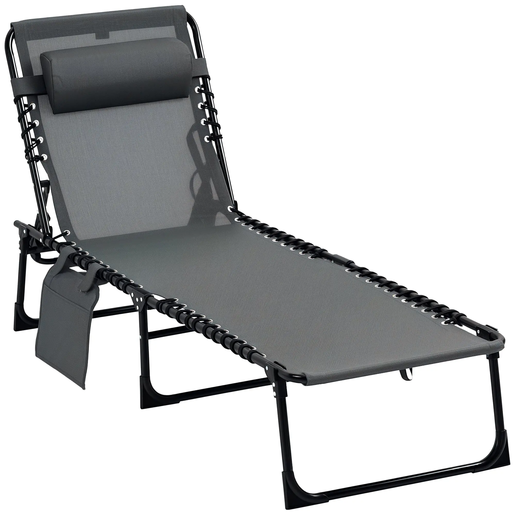 Folding Sun Lounger Garden Lounger with Headrest, Side Pocket, Recliner with 5-Position Adjustable Backrest, Weatherproof Camping Lounger up to 120 kg load capacity, for Garden Beach Pool, Gray