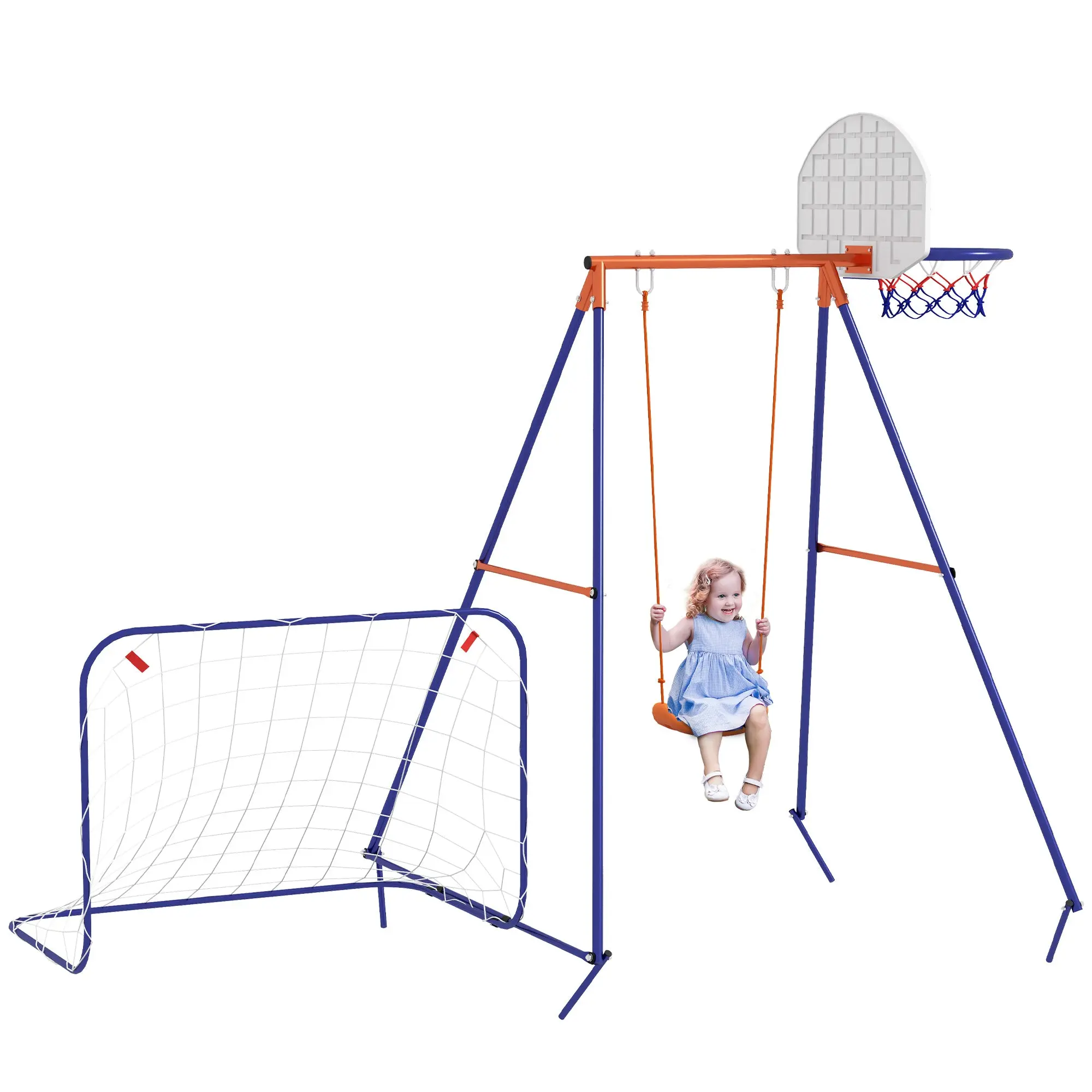 3 in 1 Swing Set, Steel Swing Frame Children's Swing with Soccer Goal, Basketball Hoop, Garden Swing Frame Outdoor for Kids 3-8 Years, Steel, Navy Blue