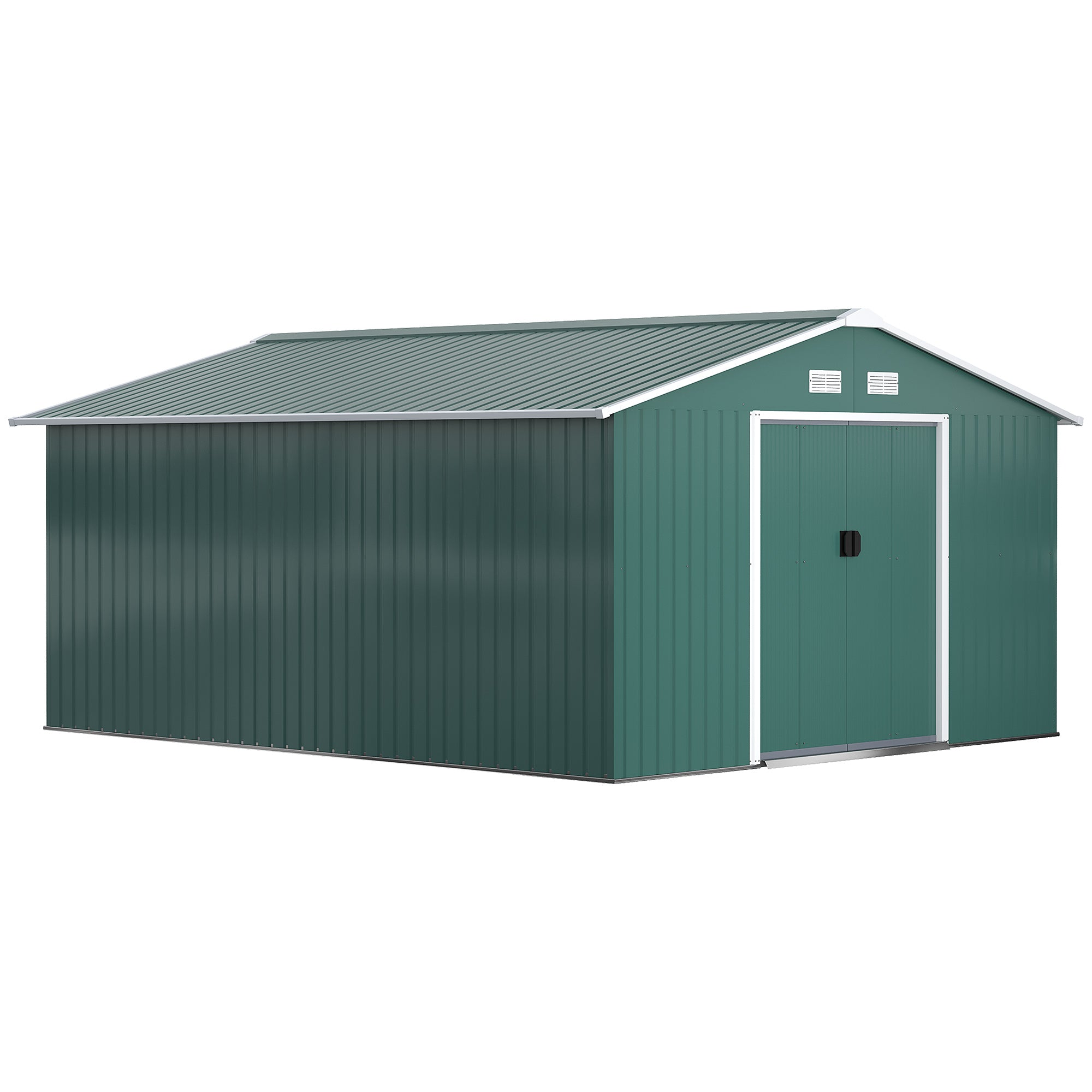 Tool Shed 12.4 m?, Garden Shed with Gable Roof, Sliding Door, Foundation, 386 x 340 x 200 cm, Tool Shed Made of Galvanized Steel, Weatherproof, for Garden, Dark Green
