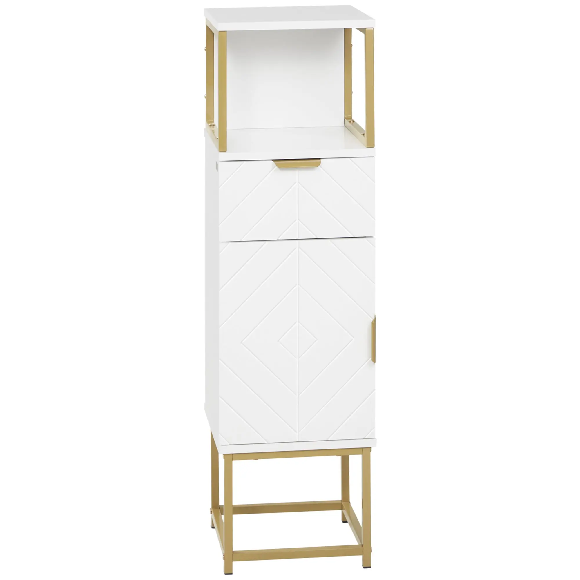 Bathroom Cabinet, Bathroom Column with Drawer, Cabinet, and Shelf in Wood and Metal, 30x30x105cm, White