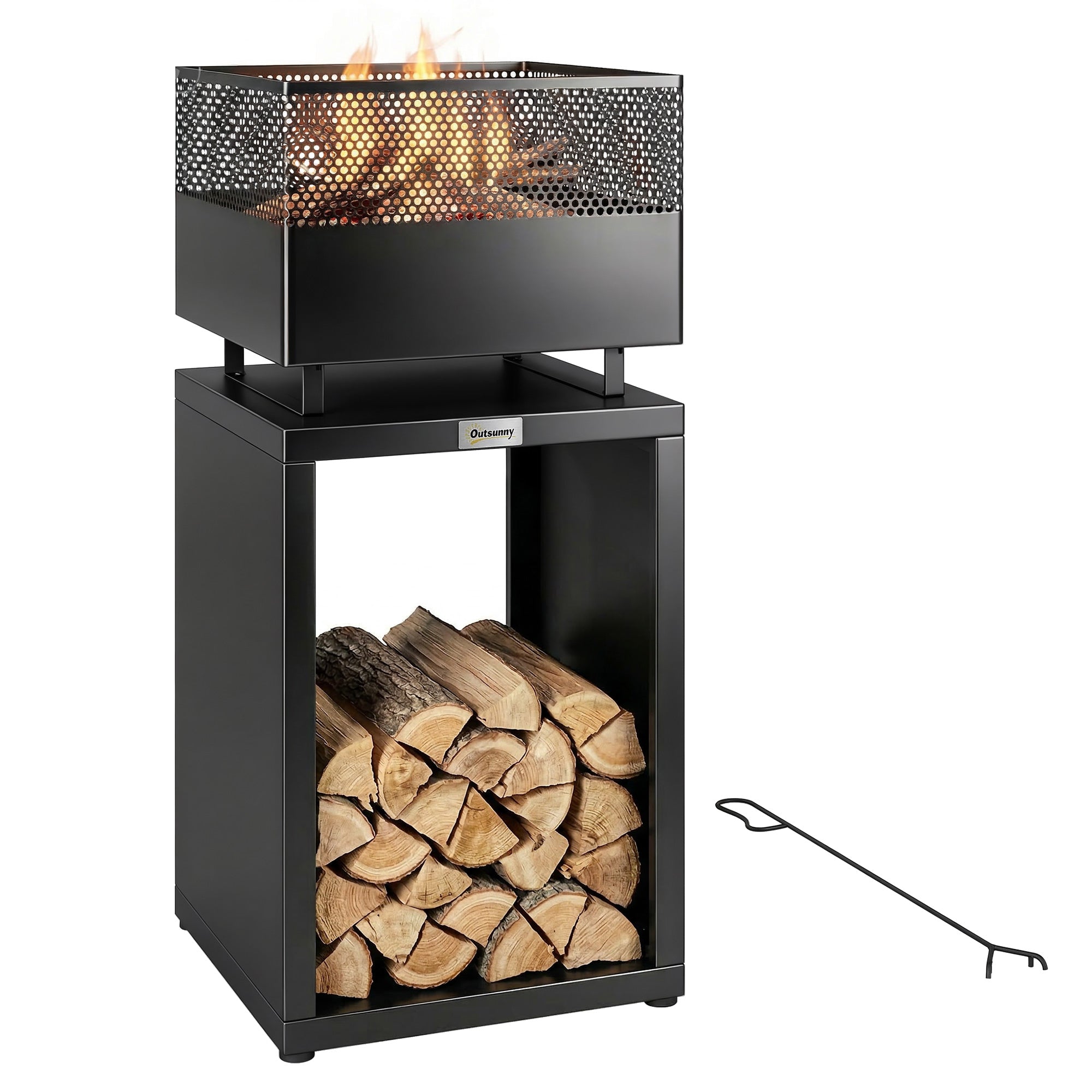 Outsunny Turm-Feuerstelle mit Holzlager, 39 x 39 x 87 cm — Kohlerost & verstellbare Füße, Schwarz