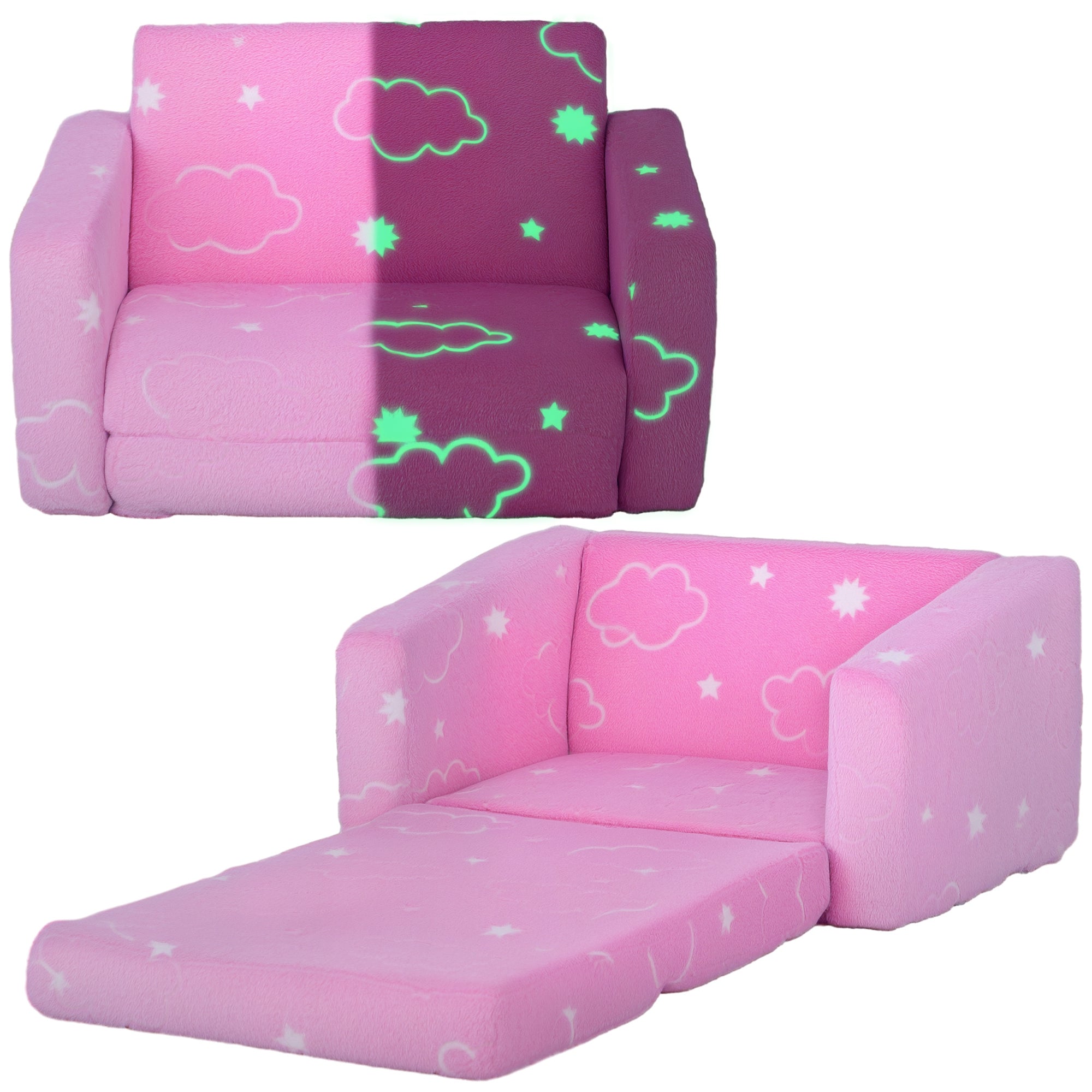 AIYAPLAY Kids Foldable Reclining Children's Sofa 2-i-1 Luminøst Tæppe Polstret Sofa med Vaskbart Pude og Betræk til Værelse Stue Pink