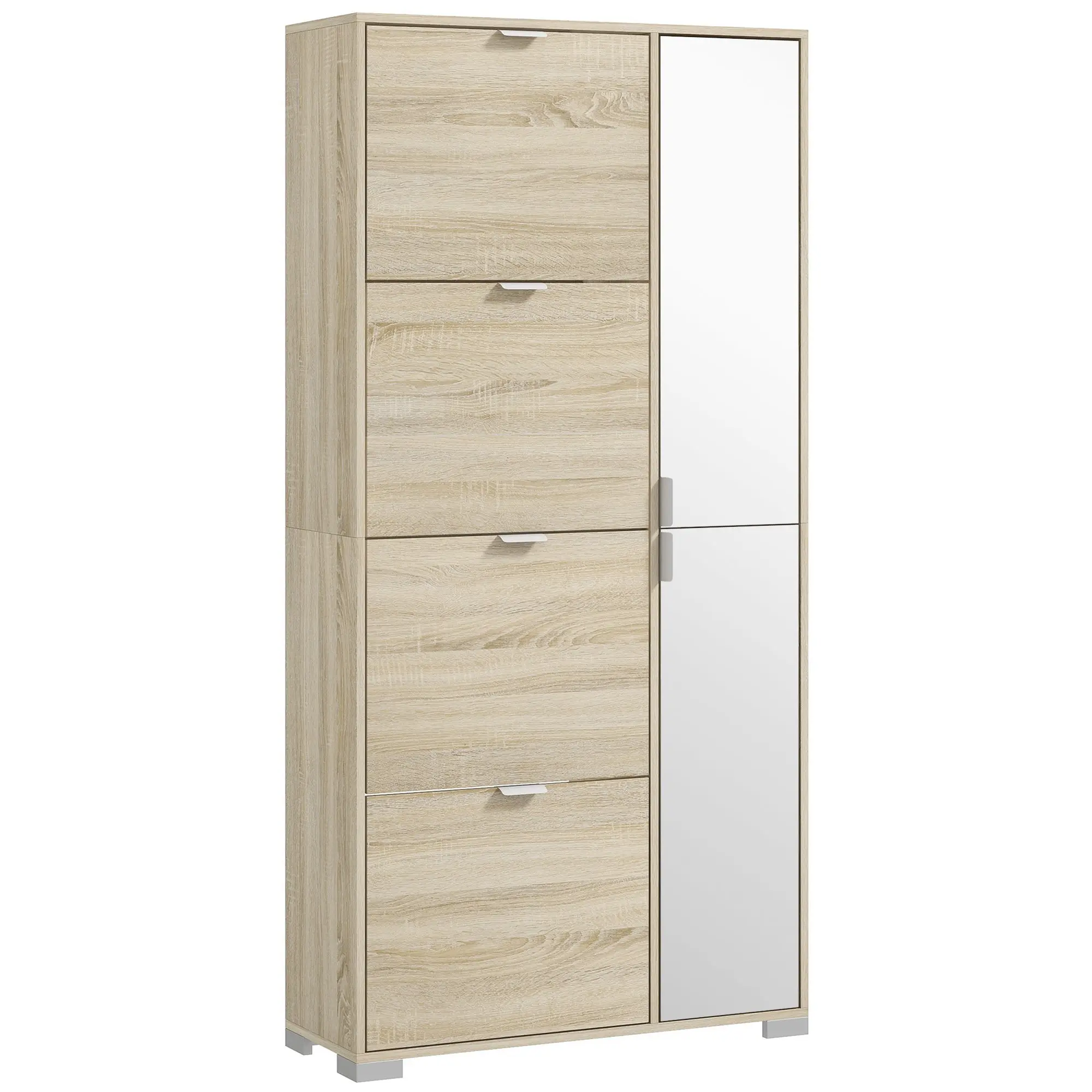 Shoe Cabinet with Mirror for 16 Pairs of Shoes, 4 Flip-up Drawers and 2 Compartments with Adjustable Shelf, 82x30x168cm, Oak